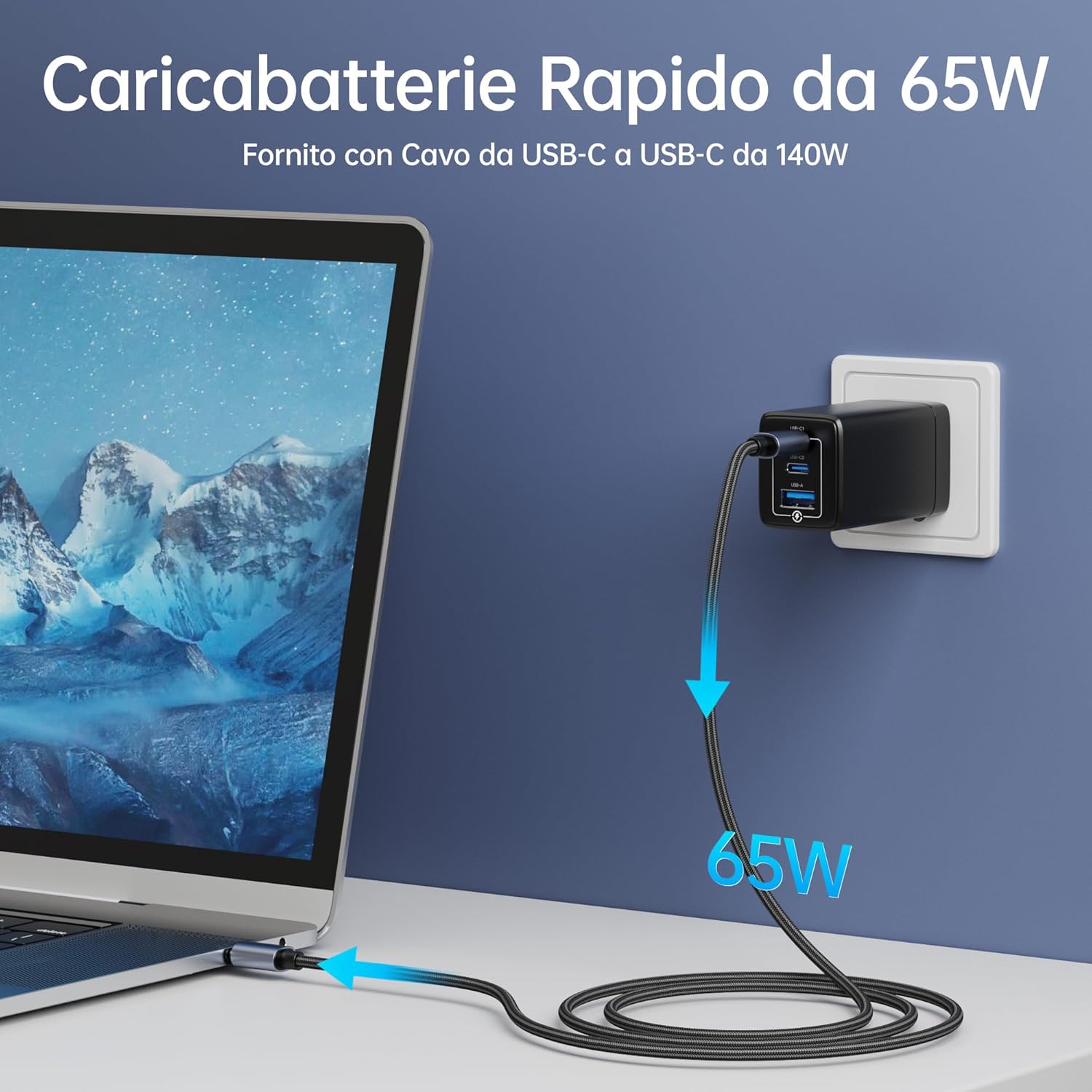 Thumbnail 3 de NOHON Caricatore USB-C 65W GaN PD 3.0 con 3 Porte e Cavo 140W 1,2 m