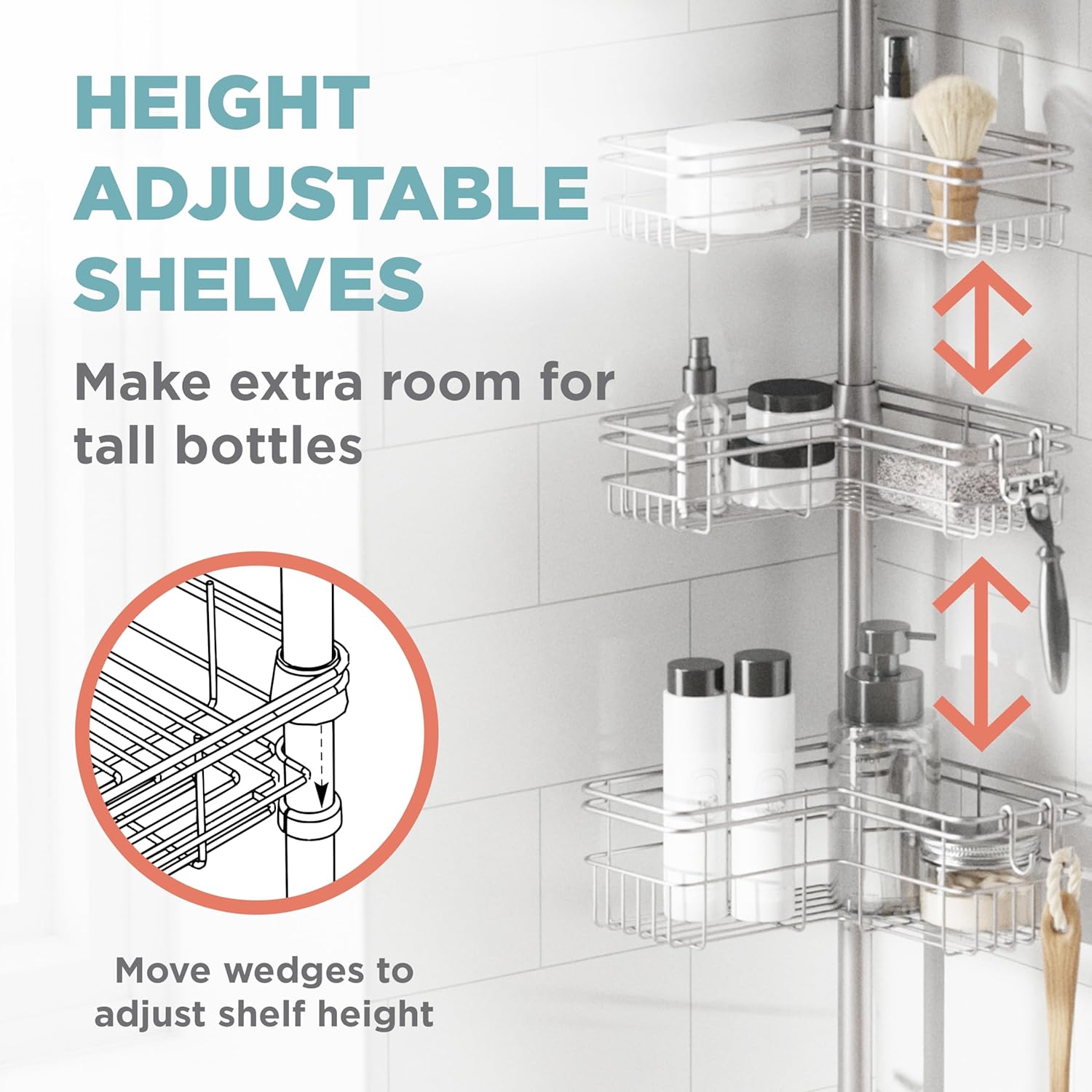 Thumbnail 3 de Zenna Home Tension Pole Shower Caddy Corner Organizer: Adjustable, Rust-Resistant Bathroom Storage