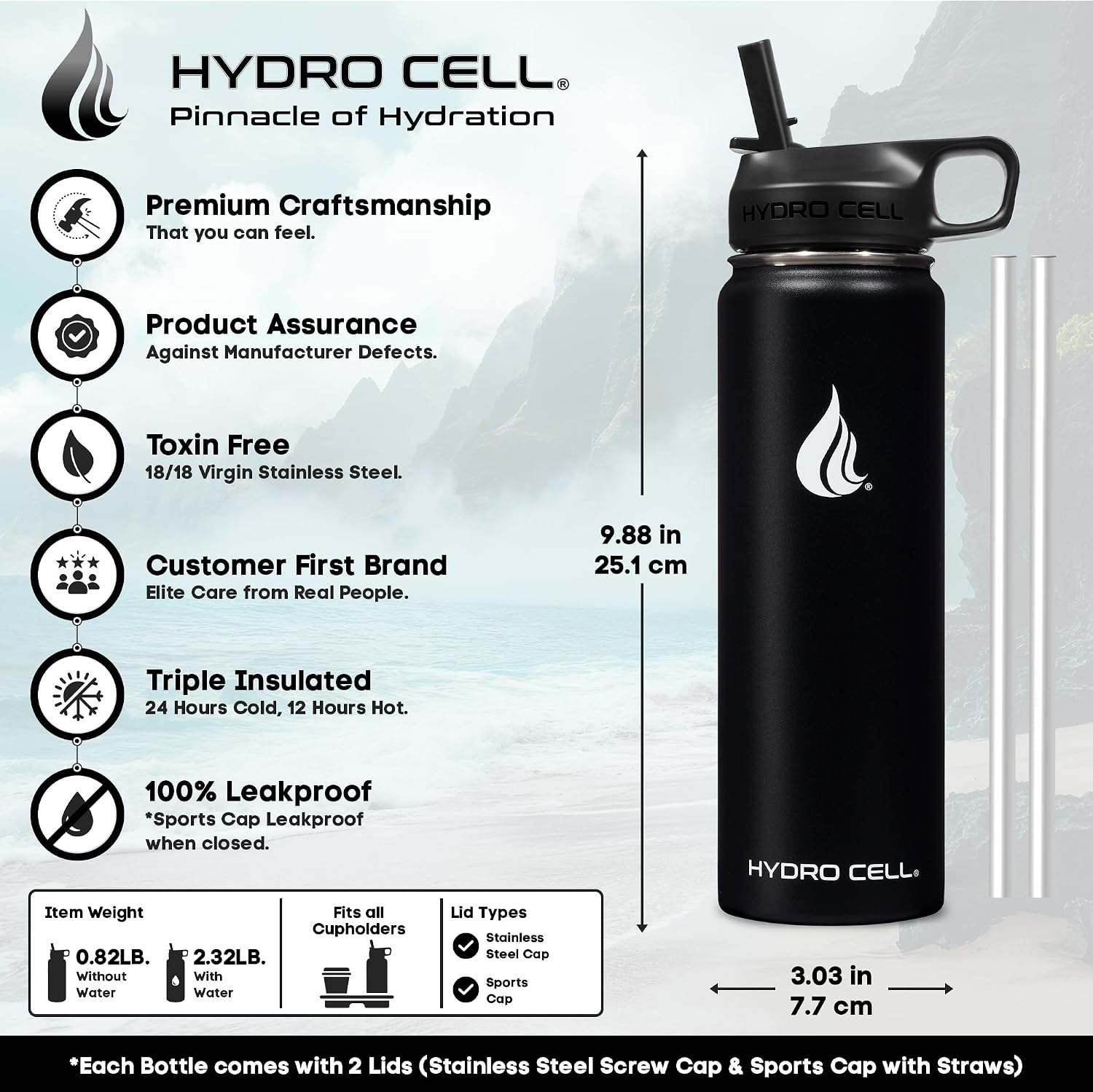 Detalle de HYDRO CELL Stainless Steel Insulated Water Bottle 24oz with Straw – Teal/Black