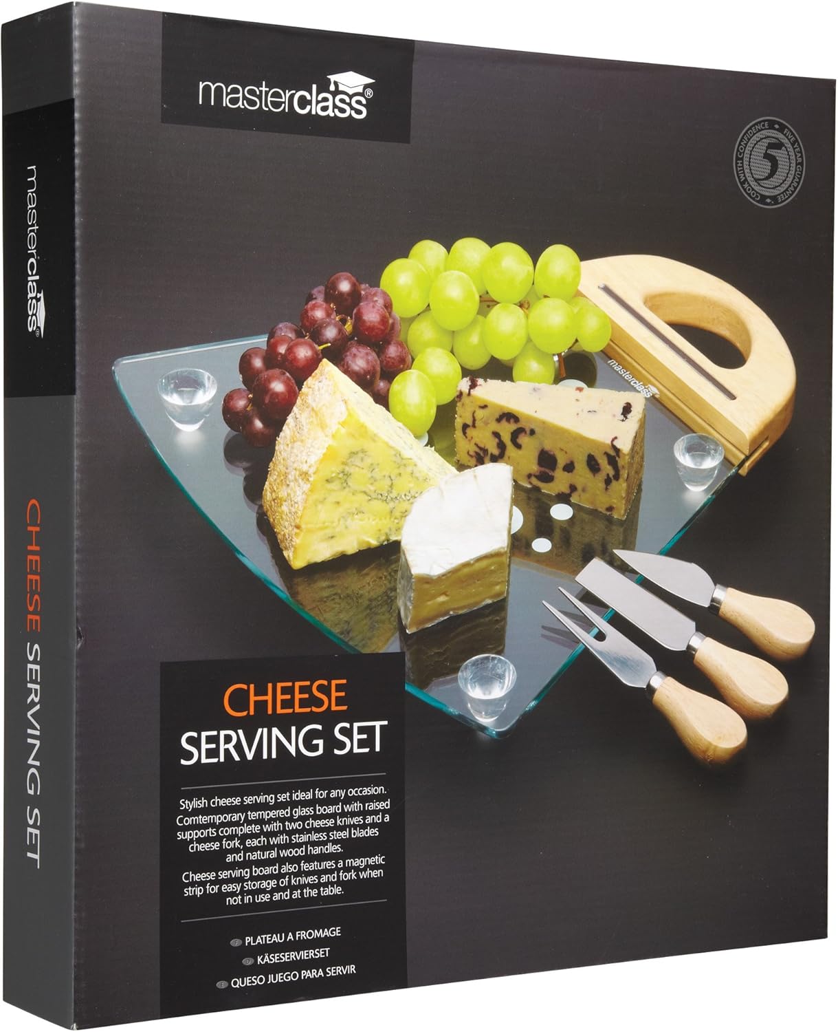 Detalle de MasterClass Glas-Käsebrett und Käsemesser (4-teiliges Set) – stilvolles Käse-Servier-Set