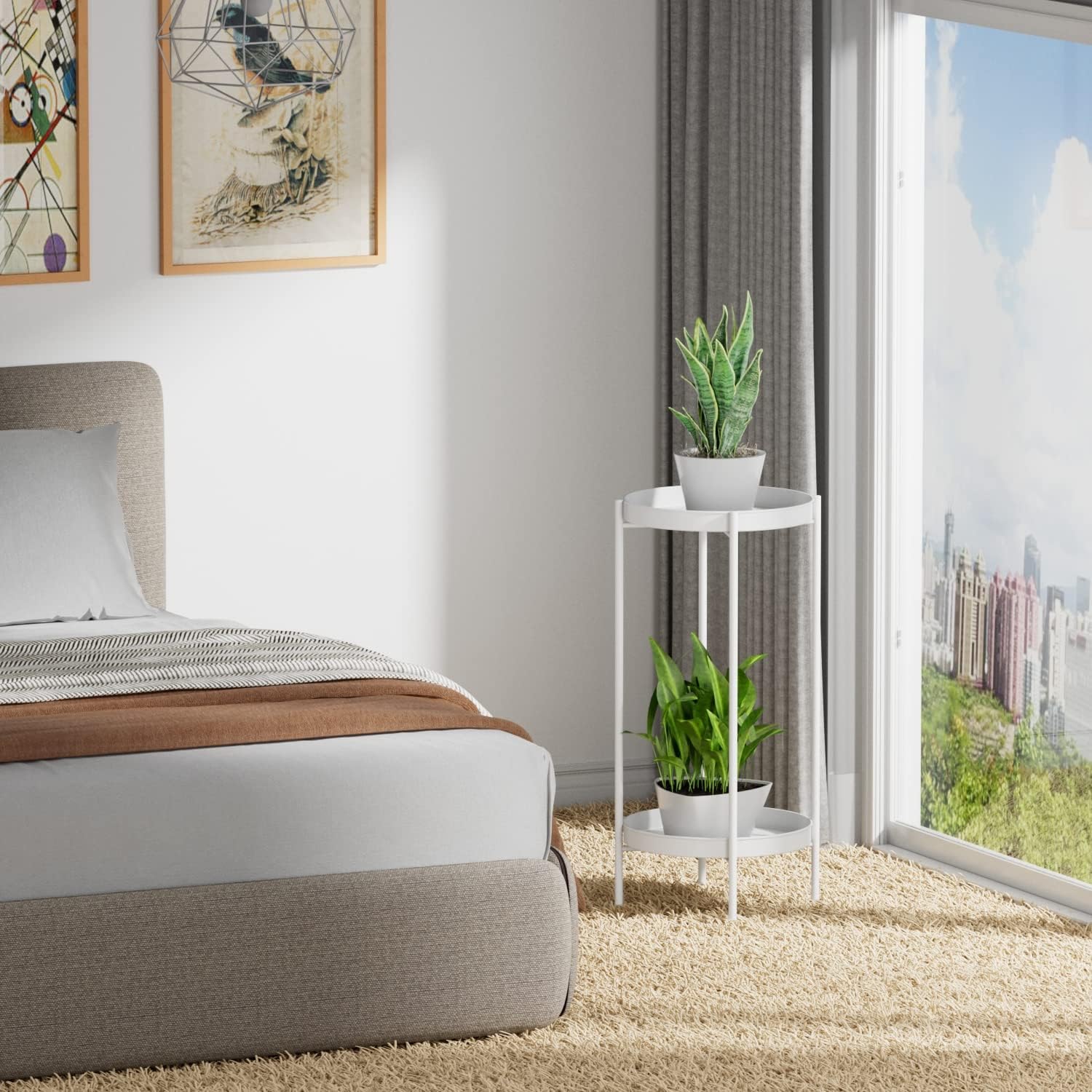 Detalle de OVICAR Support pour plantes d'intérieur et d'extérieur – Porte-pot en métal à 2 niveaux