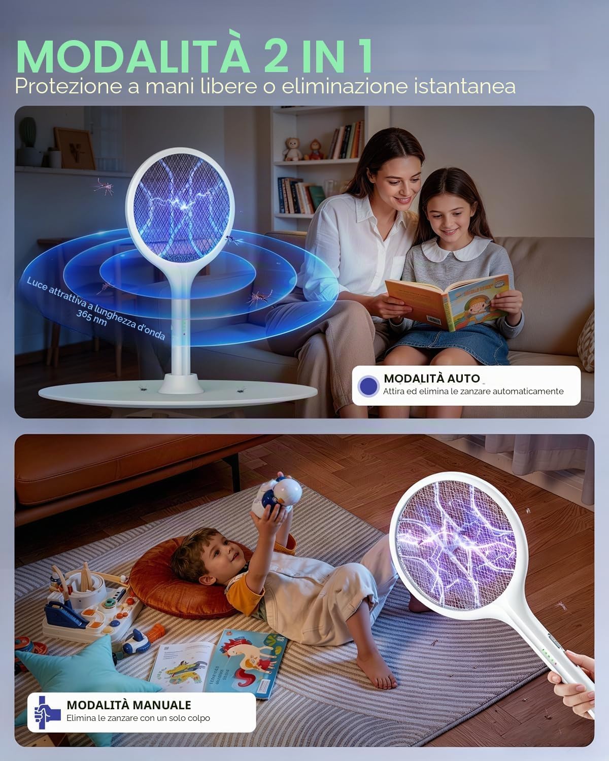 Thumbnail 1 de VIWAVE Racchetta Zanzare Elettrica 4000V 2 in 1 con Luce UV e Base, 1800mAh USB-C, 3 Strati – Bianco