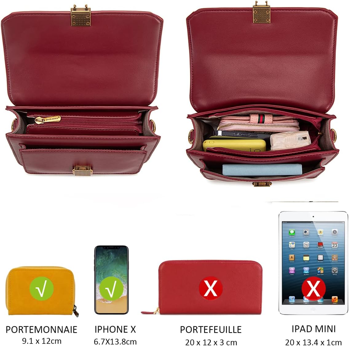 Thumbnail 5 de Petit sac bandoulière David Jones en simili cuir PU rigide rouge, pochette à rabat