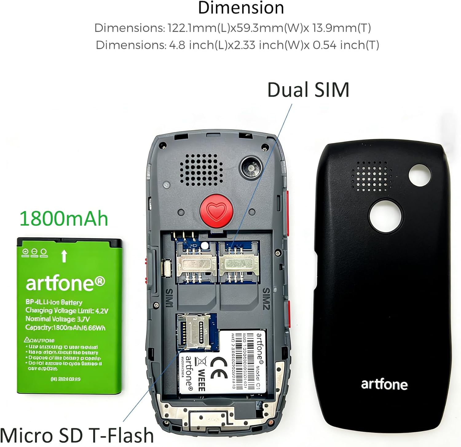 Thumbnail 4 de artfone C1 Senior telefono cellulare per anziani con tasti grandi e funzione SOS, Dual SIM GSM
