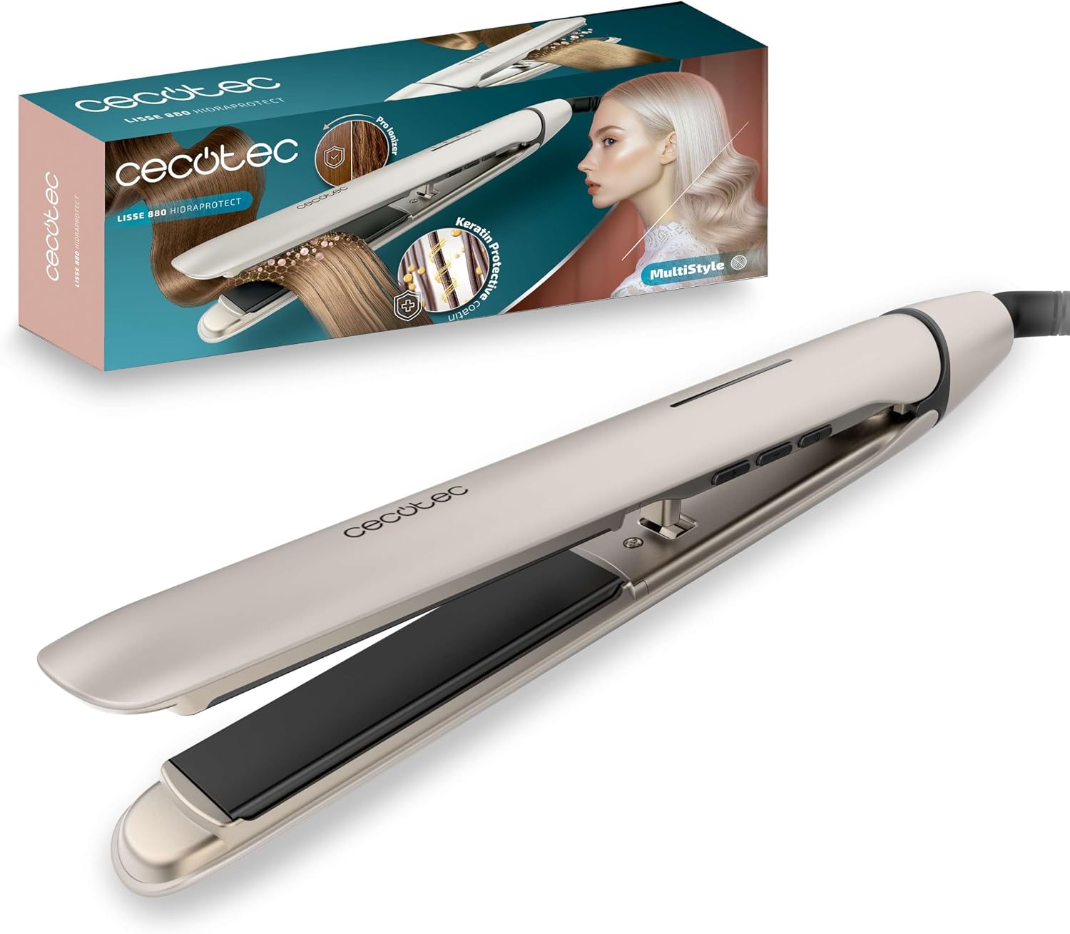 Cecotec Fer à Lisser Étroit Lisse 880 HidraProtect – 48W, Kératine, Argan et Pro Ionizer
