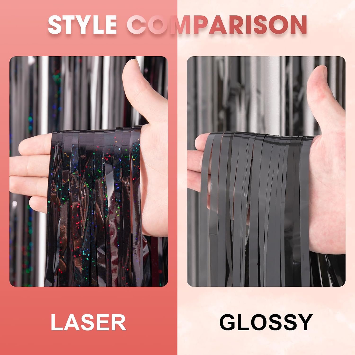 Detalle de Voircoloria Laser Black Foil Fringe Backdrop Curtains, 2-Pack