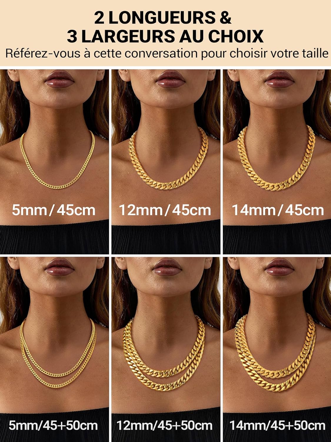 Thumbnail 5 de PROSTEEL chaîne cubaine femme en acier inoxydable 316L (maillons 5/12/14 mm) – 45/50 cm, style hip-hop