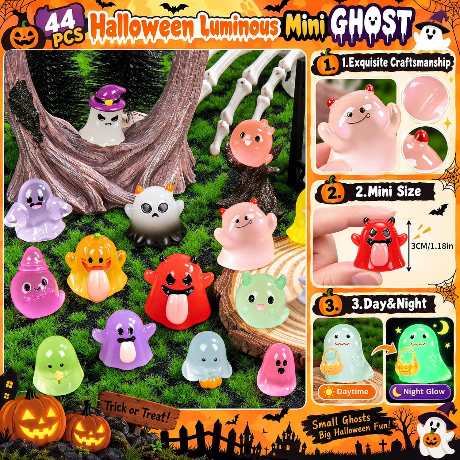 Thumbnail 2 de QAUYETM Halloween Mini Ghost Figurines, 44-Style Glow-in-the-Dark Resin Set