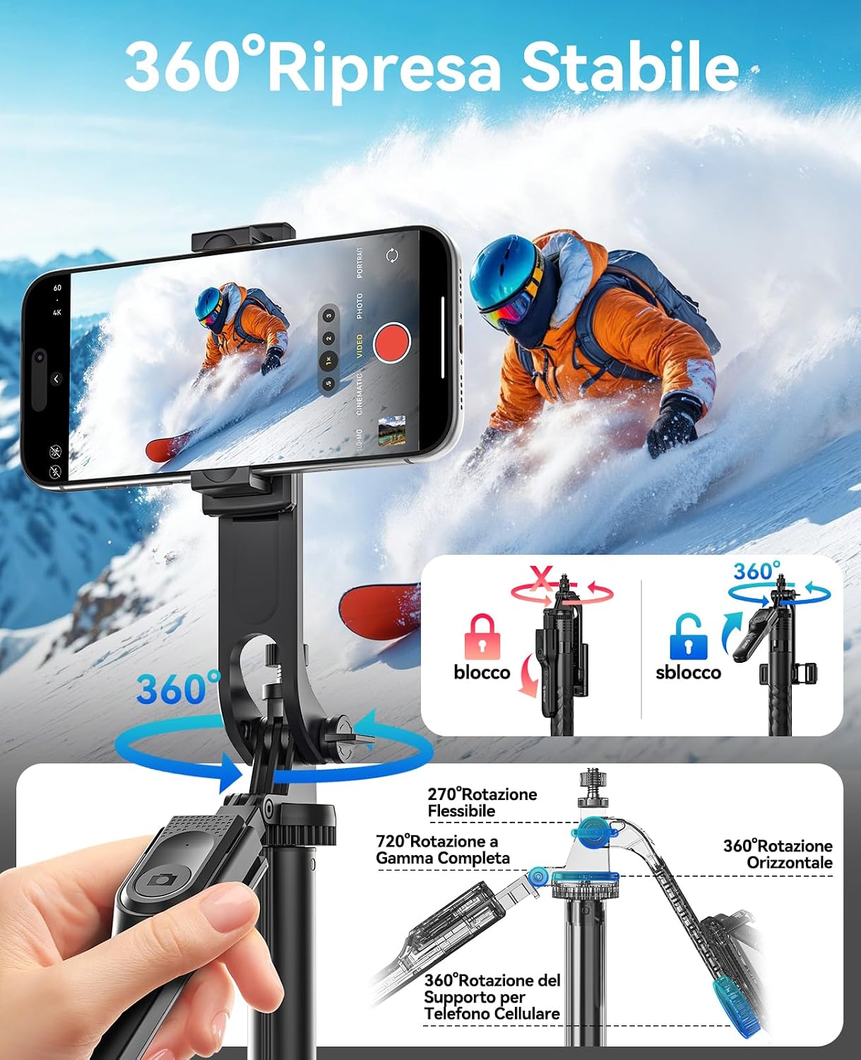 Detalle 2 de ORICO Treppiede per Smartphone con Bastone Selfie, Telecontrollo Rimovibile e Telecamera Support