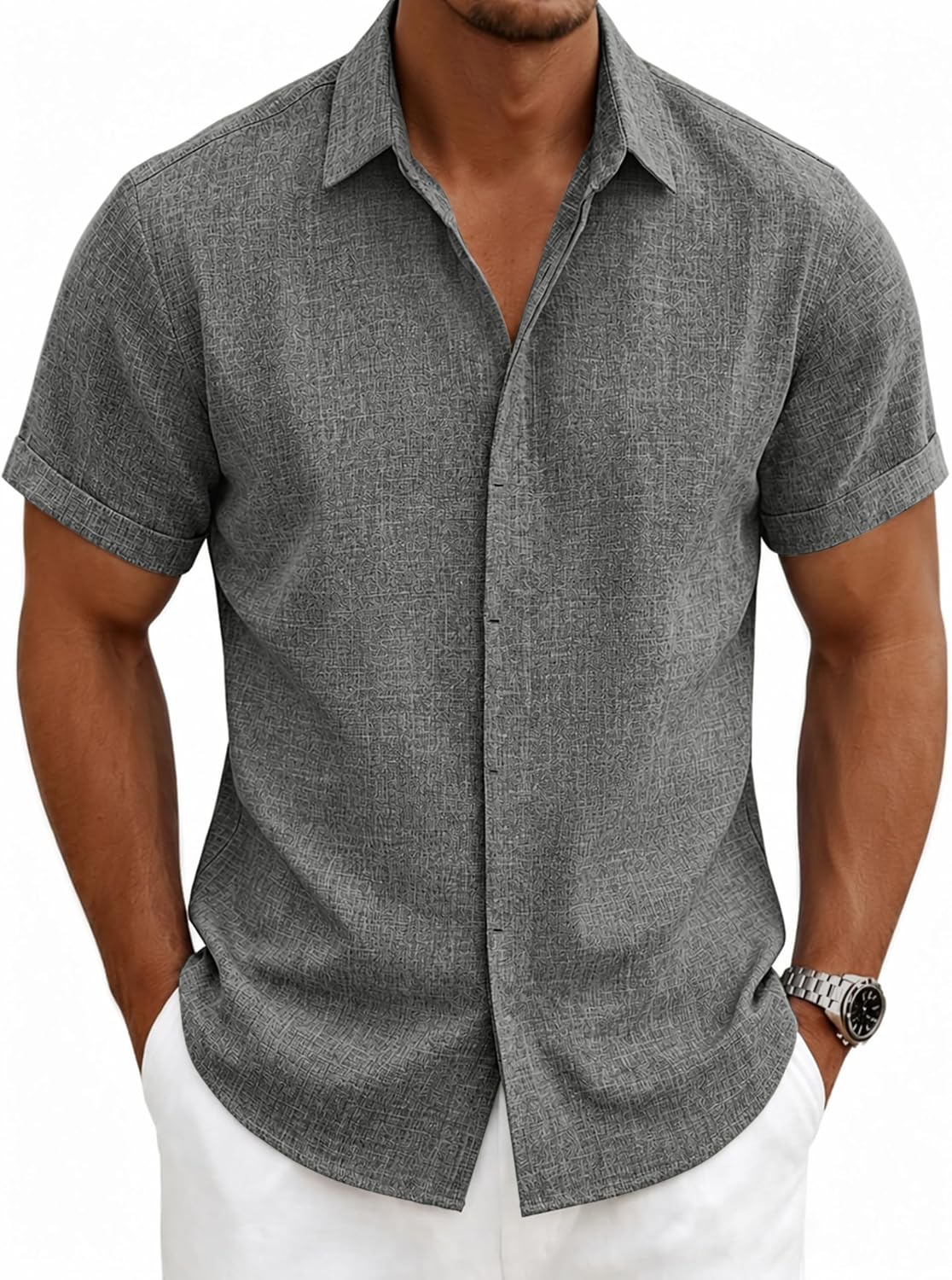 Detalle de Men's Linen-Blend Short-Sleeve Button-Down Shirt with Hidden Placket