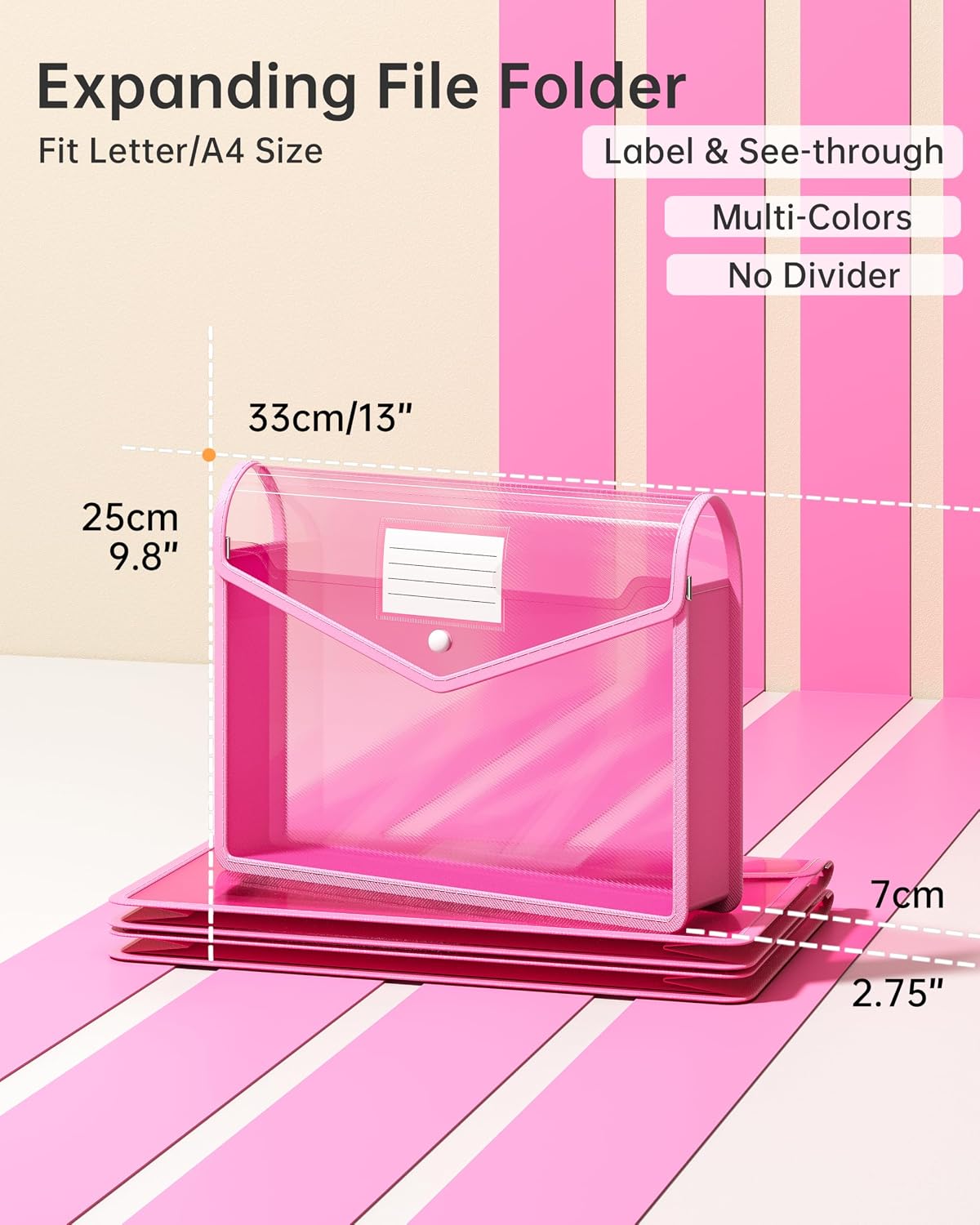 Detalle 2 de XingDuing 2-Pack Pink Expanding File Folders, Clear and Letter/A4 Size