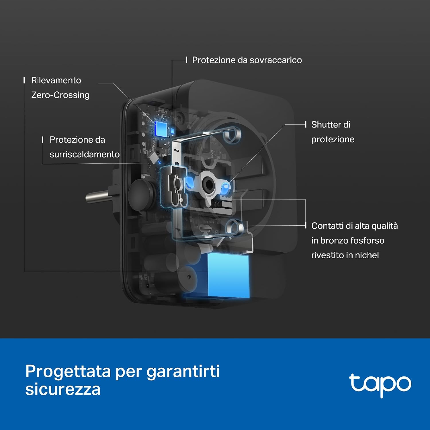 Detalle de Tapo P410M: presa smart esterna con controllo vocale, monitoraggio energetico e gestione da remoto
