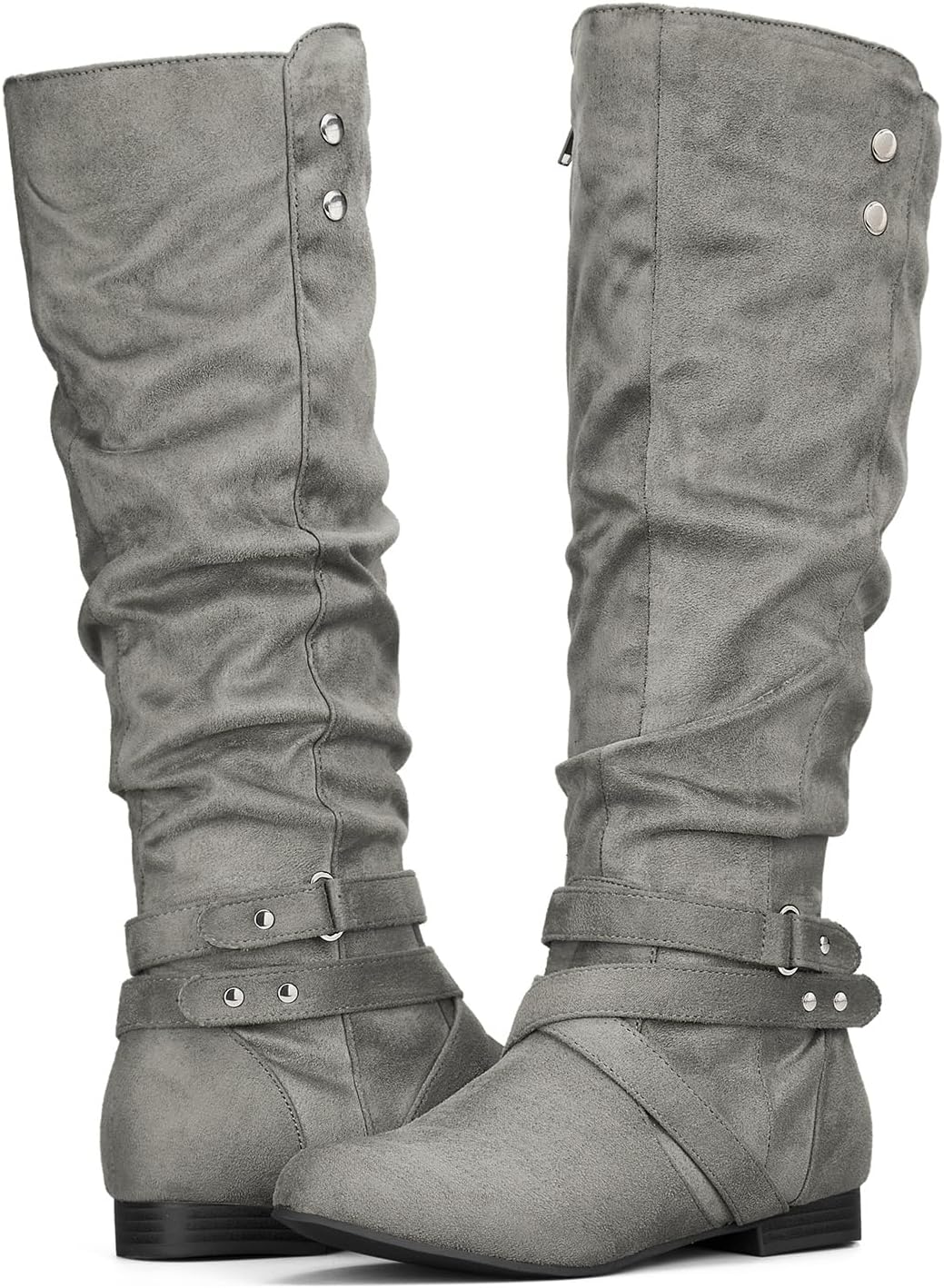 Detalle de mysoft Women's Knee-High Slouchy Flat Boots with Suede, Side Zipper and Buckles