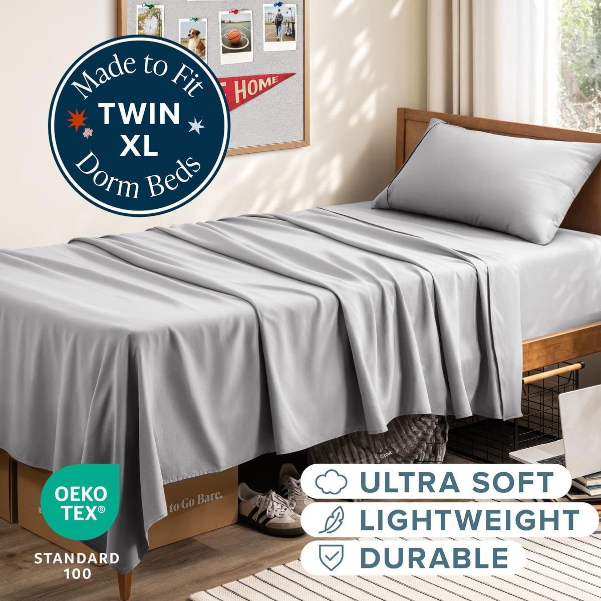 Detalle de Bare Home 1800 Ultra-Soft Twin XL Sheet Set, Microfiber, Light Gray, Deep Pockets