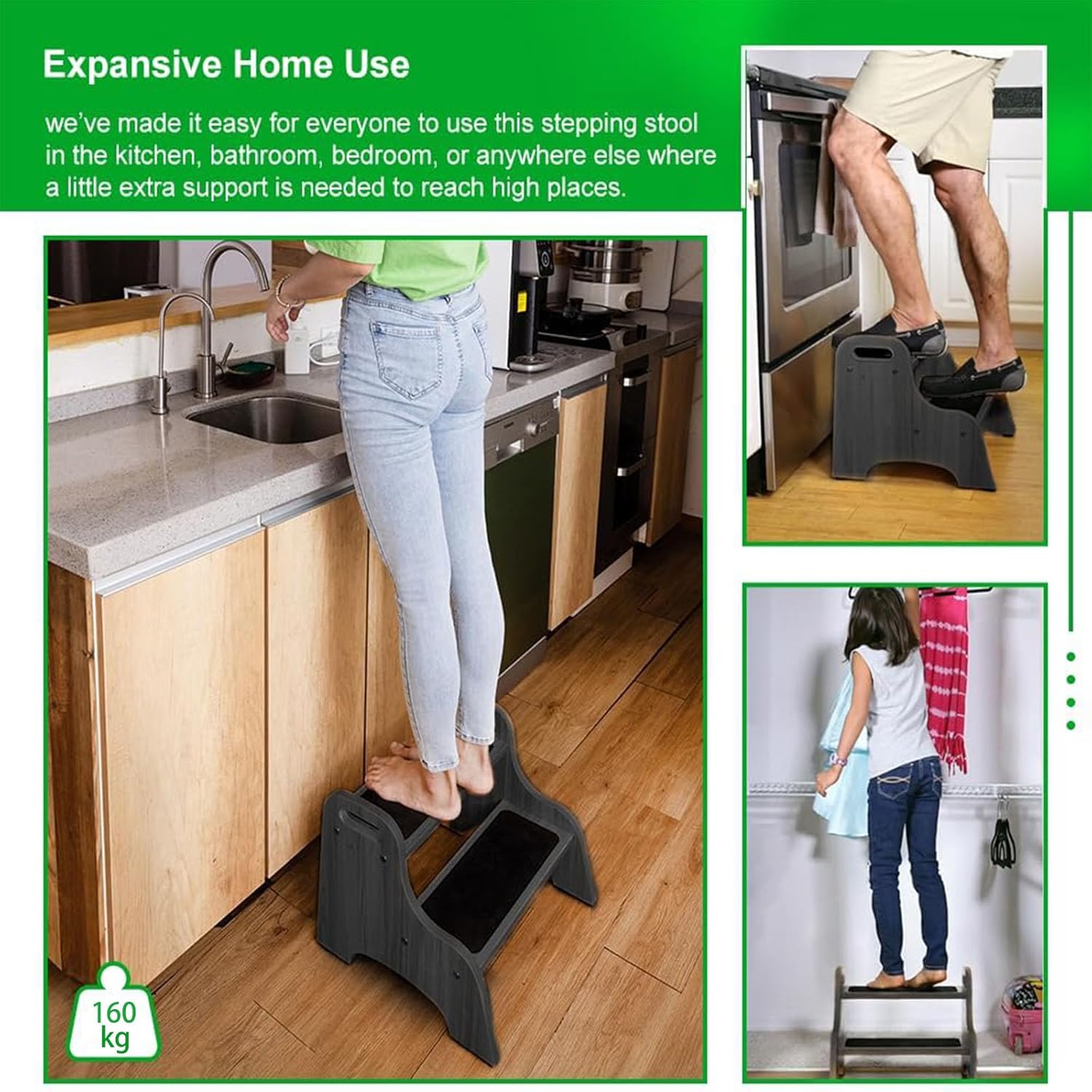 Thumbnail 2 de StrongTek Wood 2 Step Stool for Children — 150 kg Capacity, Non-Slip Treads & Portable Handles