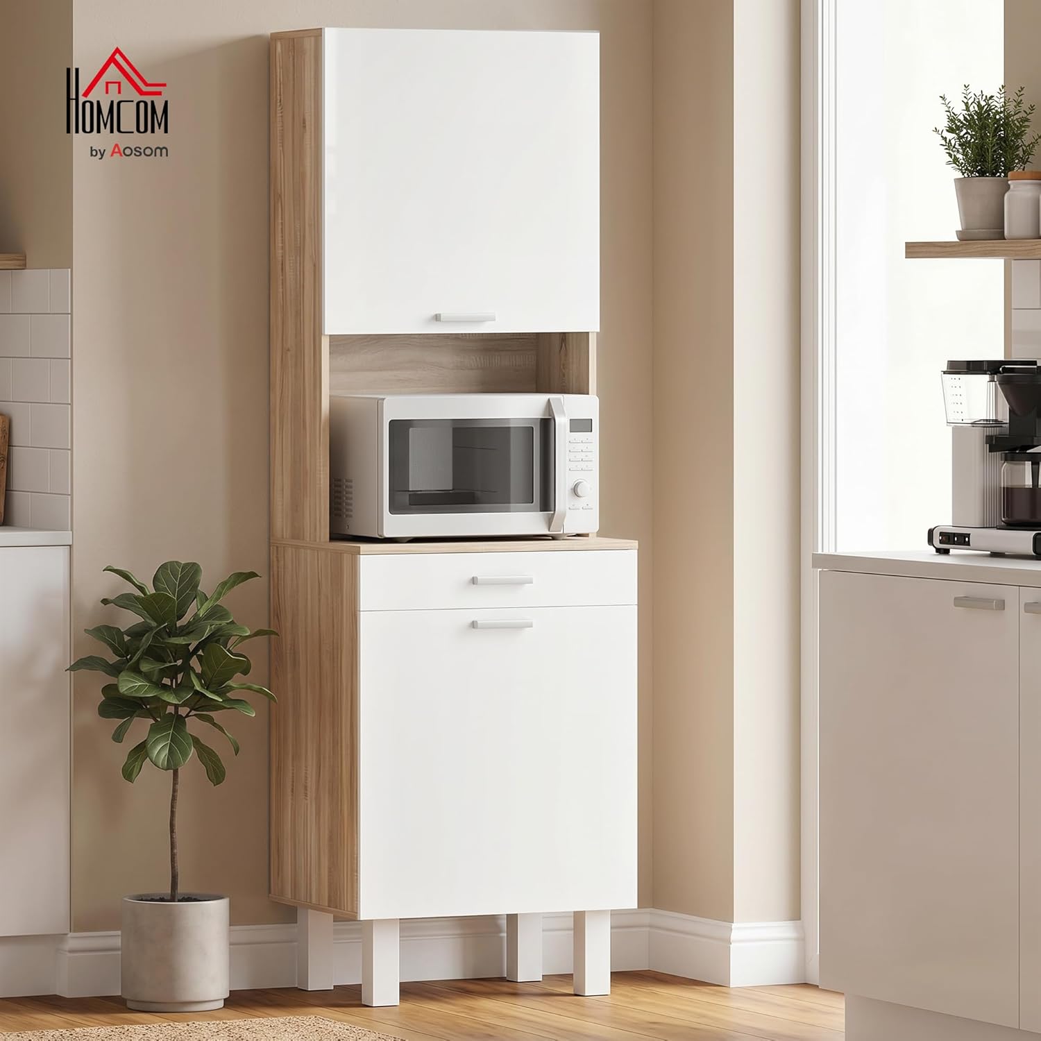 Thumbnail 1 de HOMCOM Buffet Haut Cuisine – Armoire de Cuisine 55x40x174 cm, blanc et bois naturel