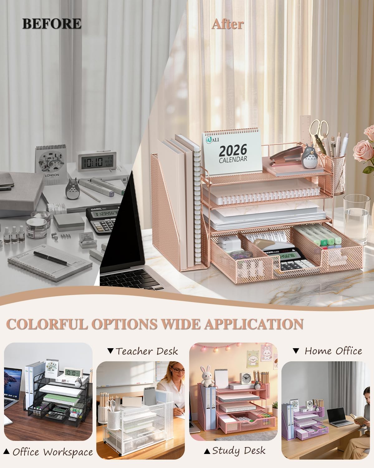 Thumbnail 5 de WALI 4-Tier Desk File Organizer with Drawer, Pen Holders, Rose Gold