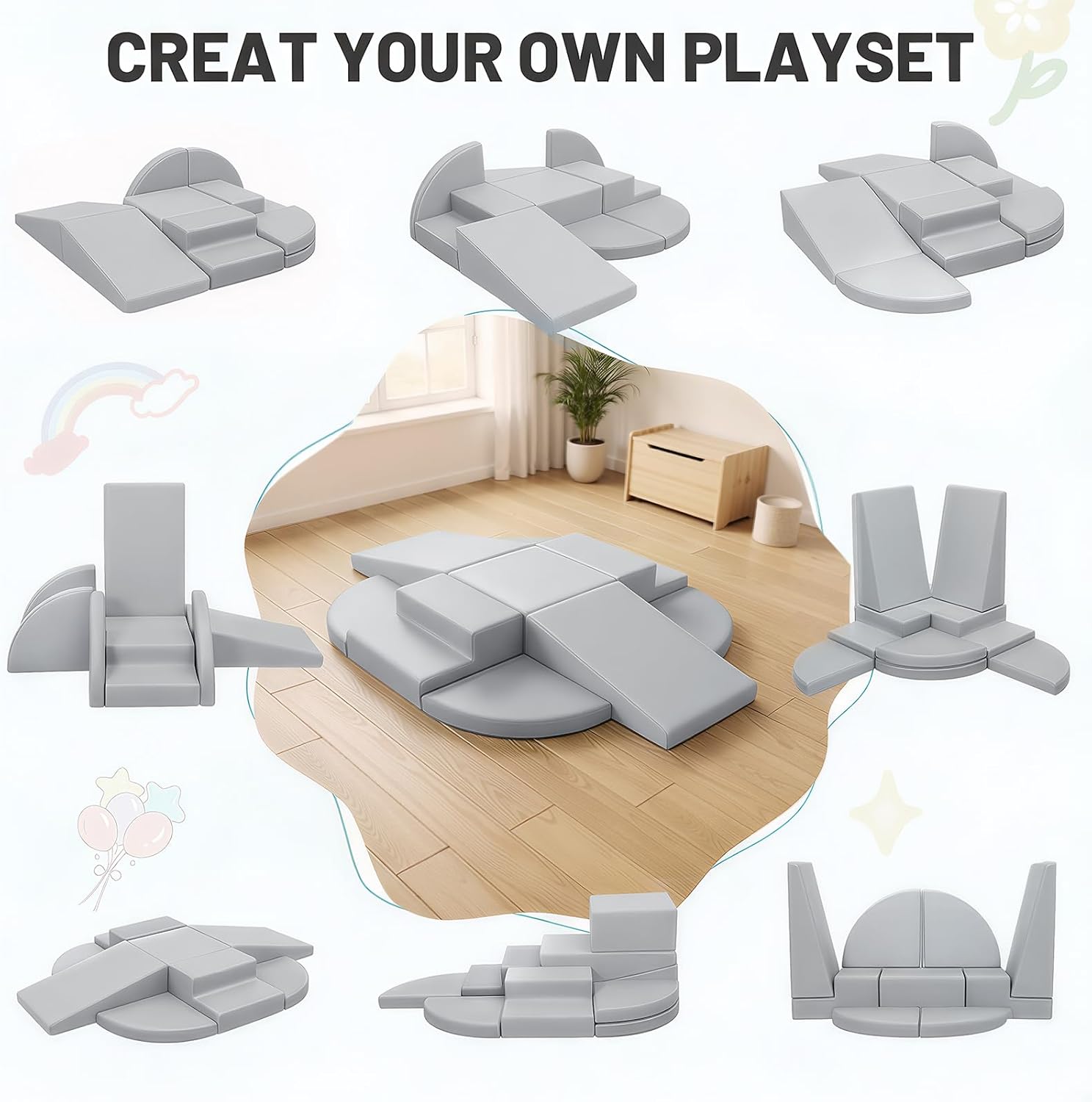Thumbnail 5 de JungleDove Indoor Soft Play Set for Toddlers – 9-Piece Foam Climbing Blocks (Mouse Gray)