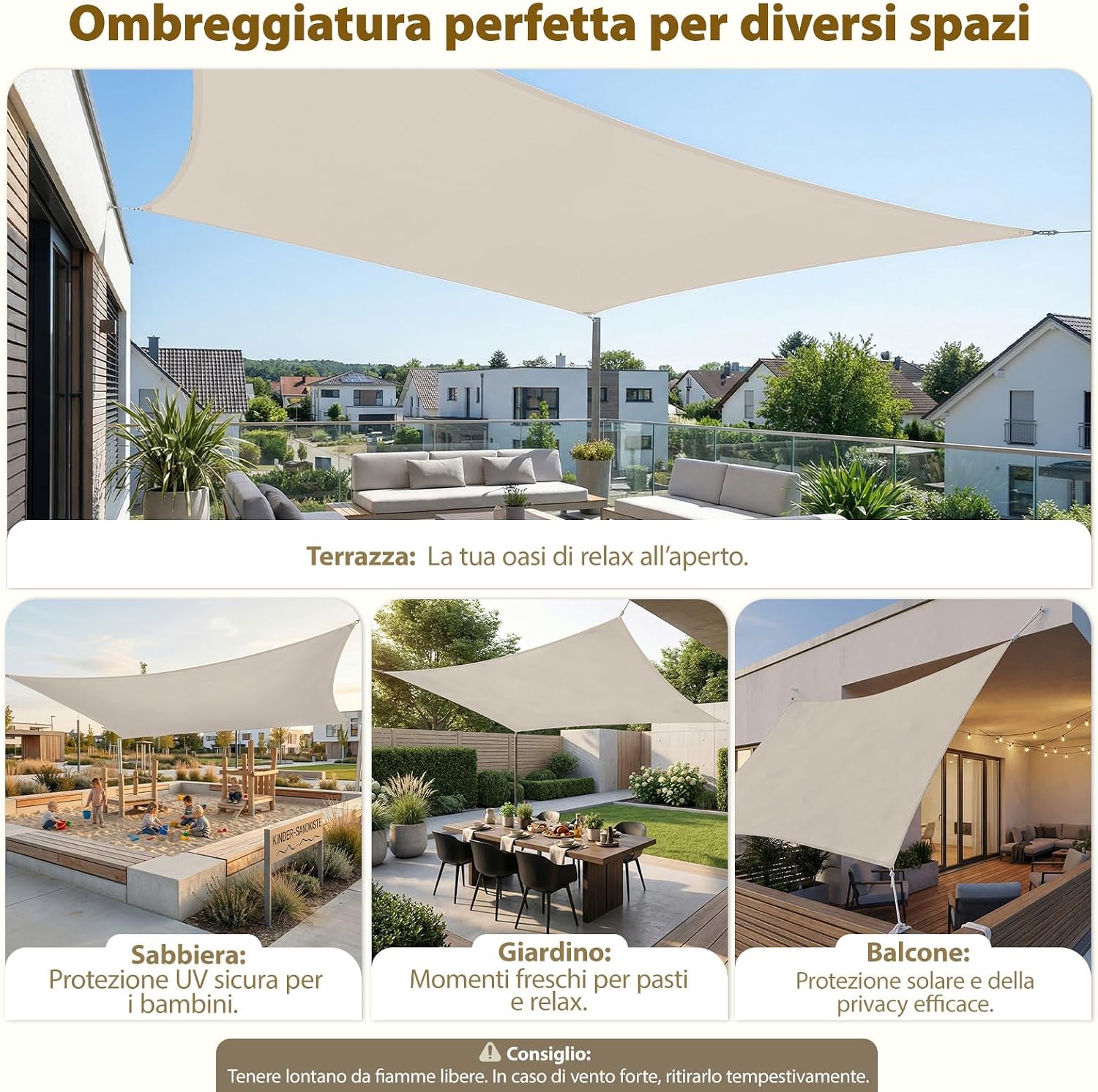 Detalle de Sekey Vela Ombreggiante Impermeabile 2x3m senza cucitura, PES 160g/m², Anelli Inox, Effetto Lotus, Taupe