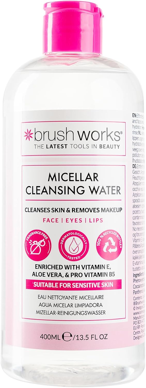 Brushworks Micellar Cleansing Water 400ml – Fragrance Free Makeup Remover for Face, Eyes & Lips