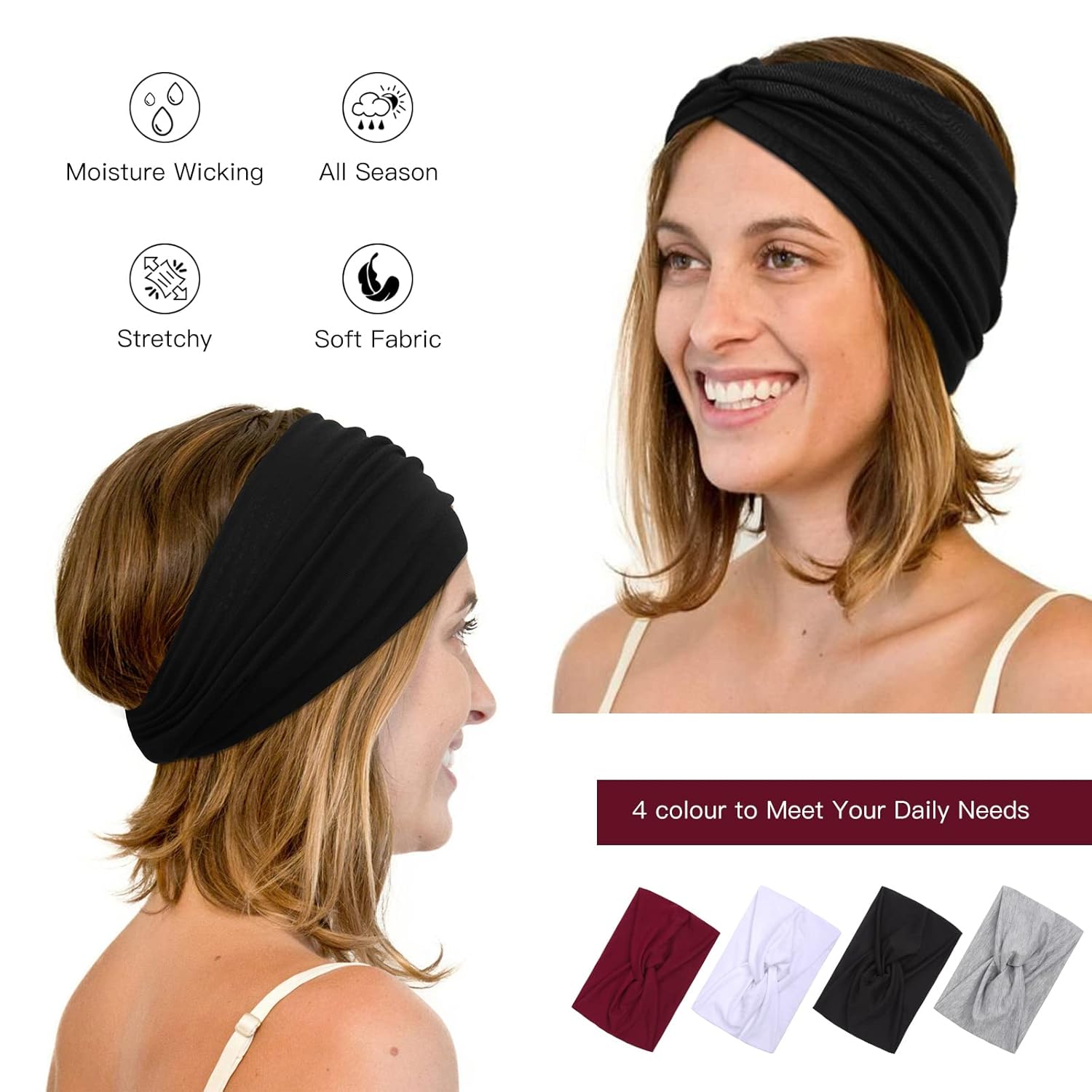 Detalle de Haarband Damen Boho Extra Breite – Elastisches Stirnband im Retro-Look (4er-Set)
