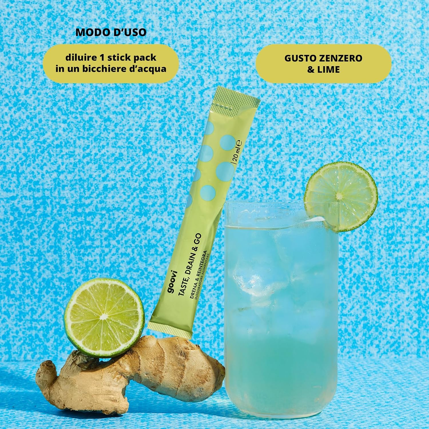 Detalle 2 de Goovi Taste Drain & Go — Integratore drenante con magnesio e potassio, 24 stick all’aroma zenzero e lime