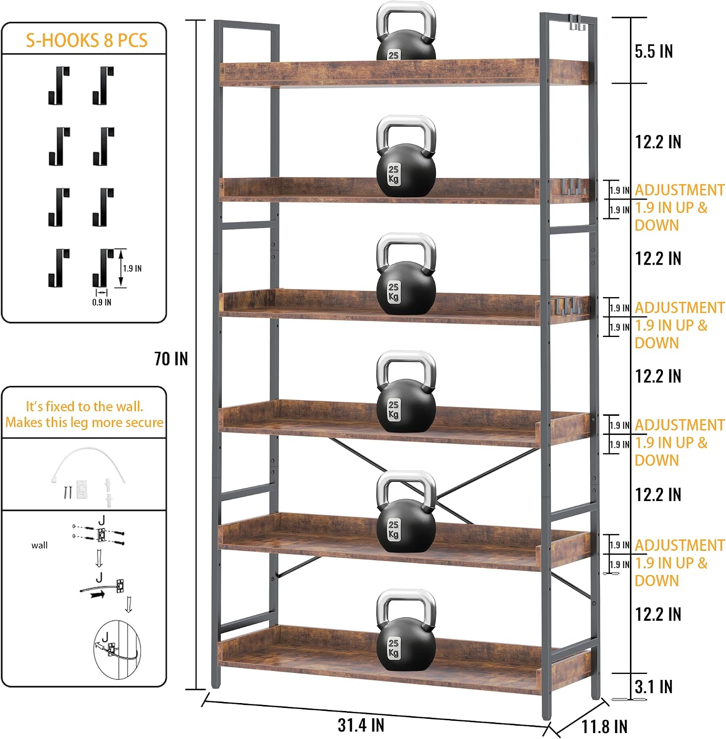 Detalle de HCHQHS BS-USBS-C-6 6-Tier Industrial Bookcase, Adjustable Shelves, Rustic Brown