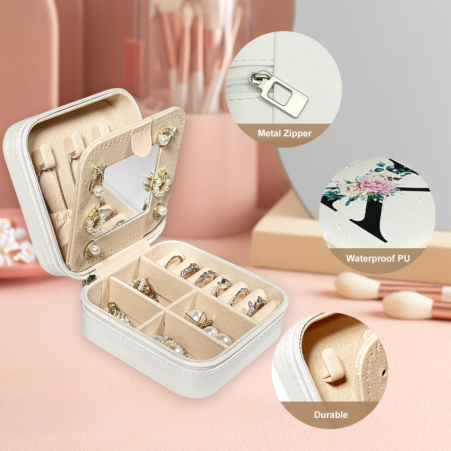 Detalle de JEKUGOT Personalised Travel Jewellery Box – Alphabet Organiser with Mirror (Small, 10×10×5 cm)