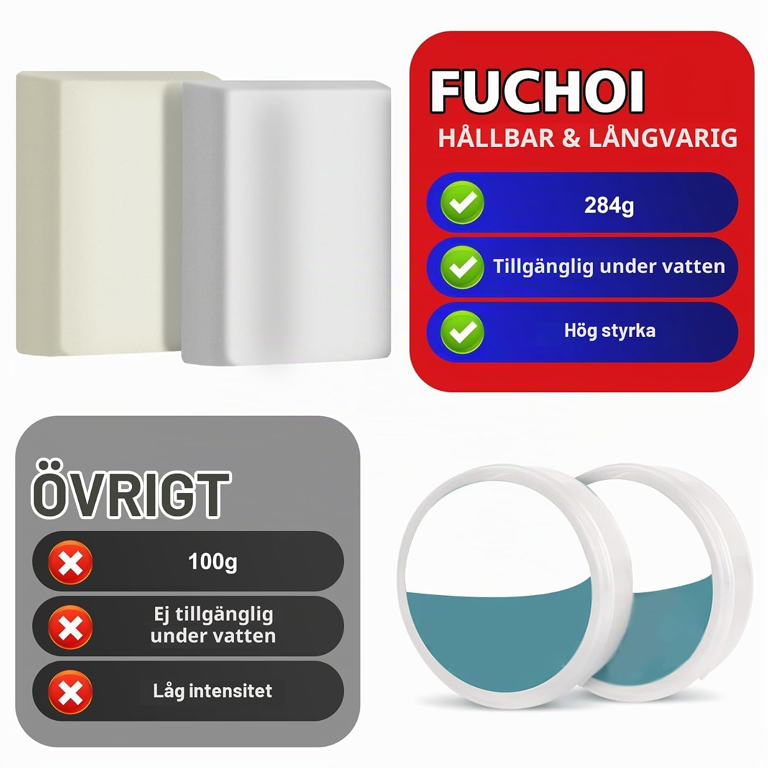 Detalle 2 de Fuchoi epoxiharts i knådpasta, vit 280 g för poolreparation och sprickfyllning