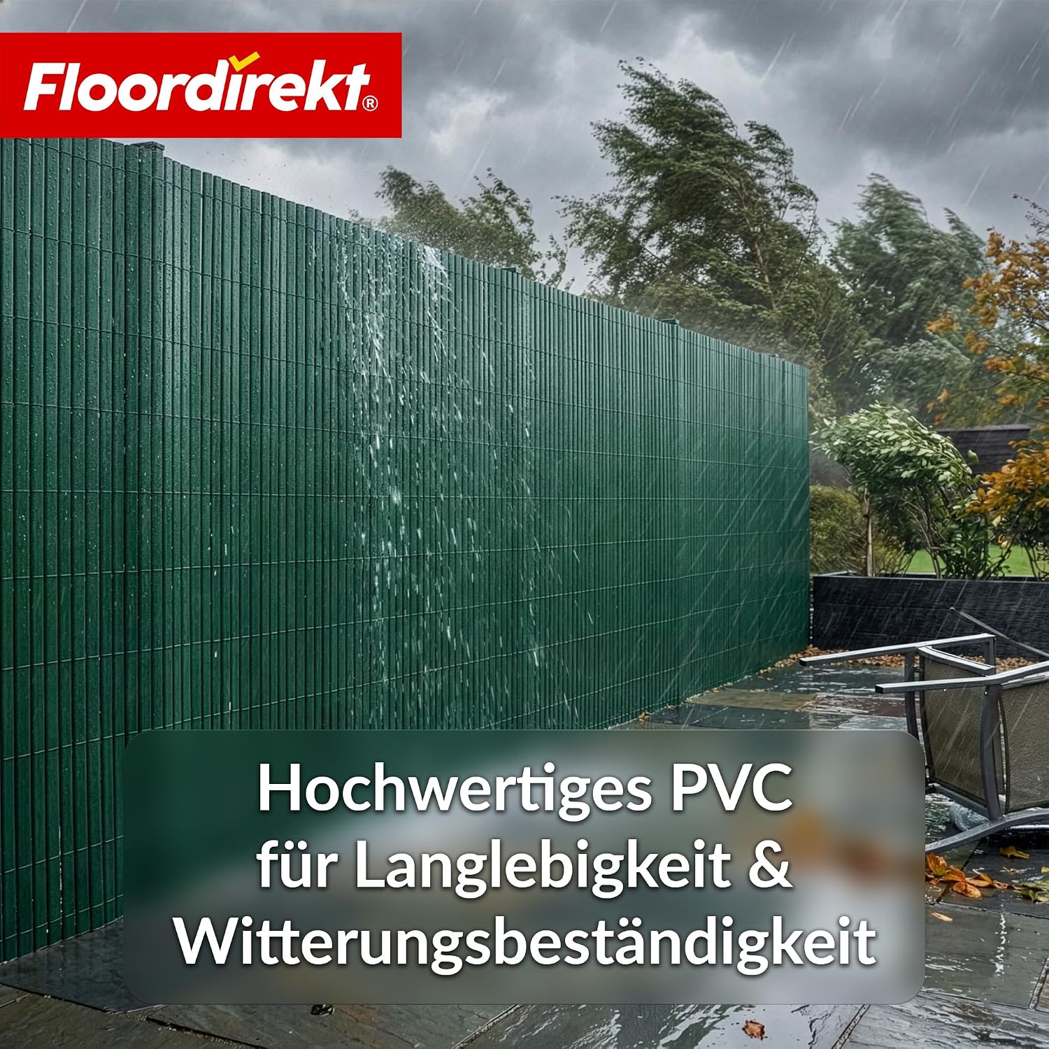Detalle 2 de Floordirekt PVC Sichtschutzmatte 200 x 300 cm in Grün – Windschutz mit Lamellen für Garten, Balkon & Terrasse