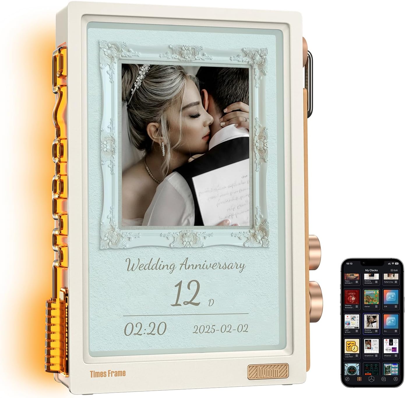 Detalle de Divoom Times Frame – Transparenter 10,1-Zoll IPS-Digitalrahmen mit WLAN, 64 GB Speicher und RGB-Drehknopf