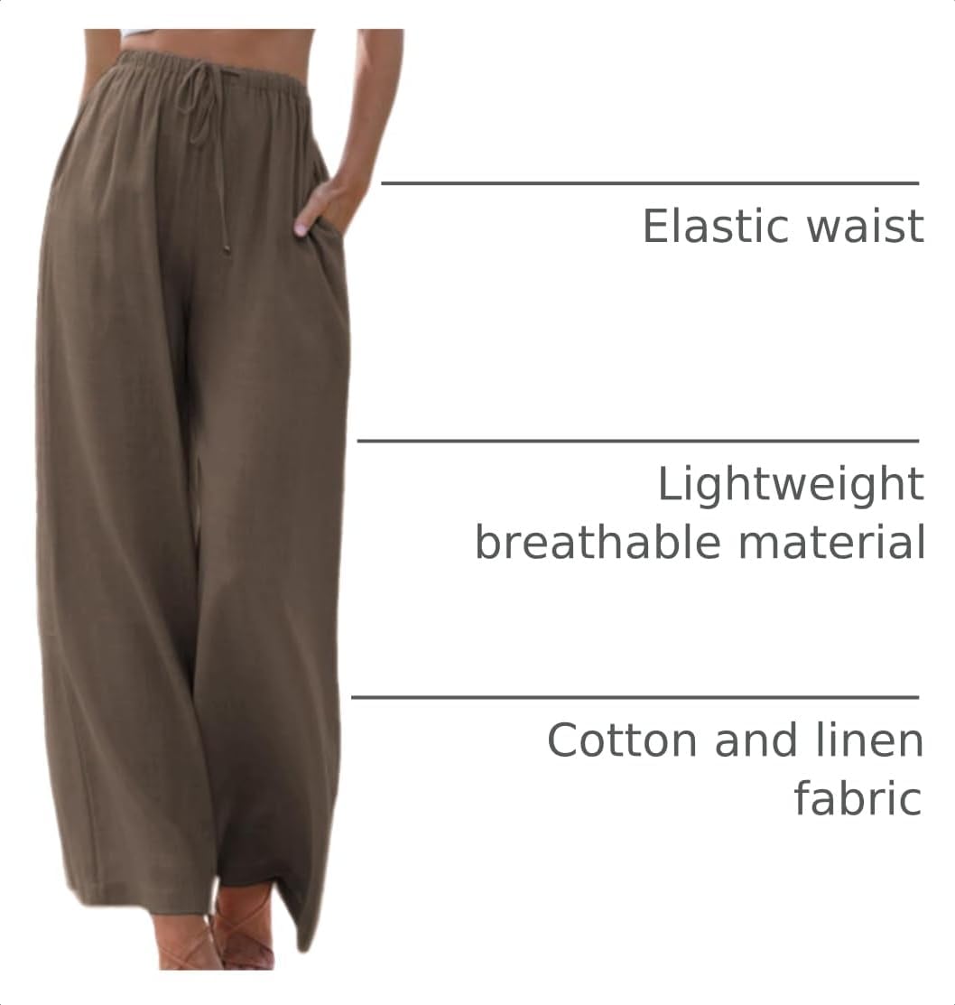 Detalle 2 de Faleave Women's Cotton Linen Summer Palazzo Pants – Flowy Wide-Leg Beach Trousers with Pockets