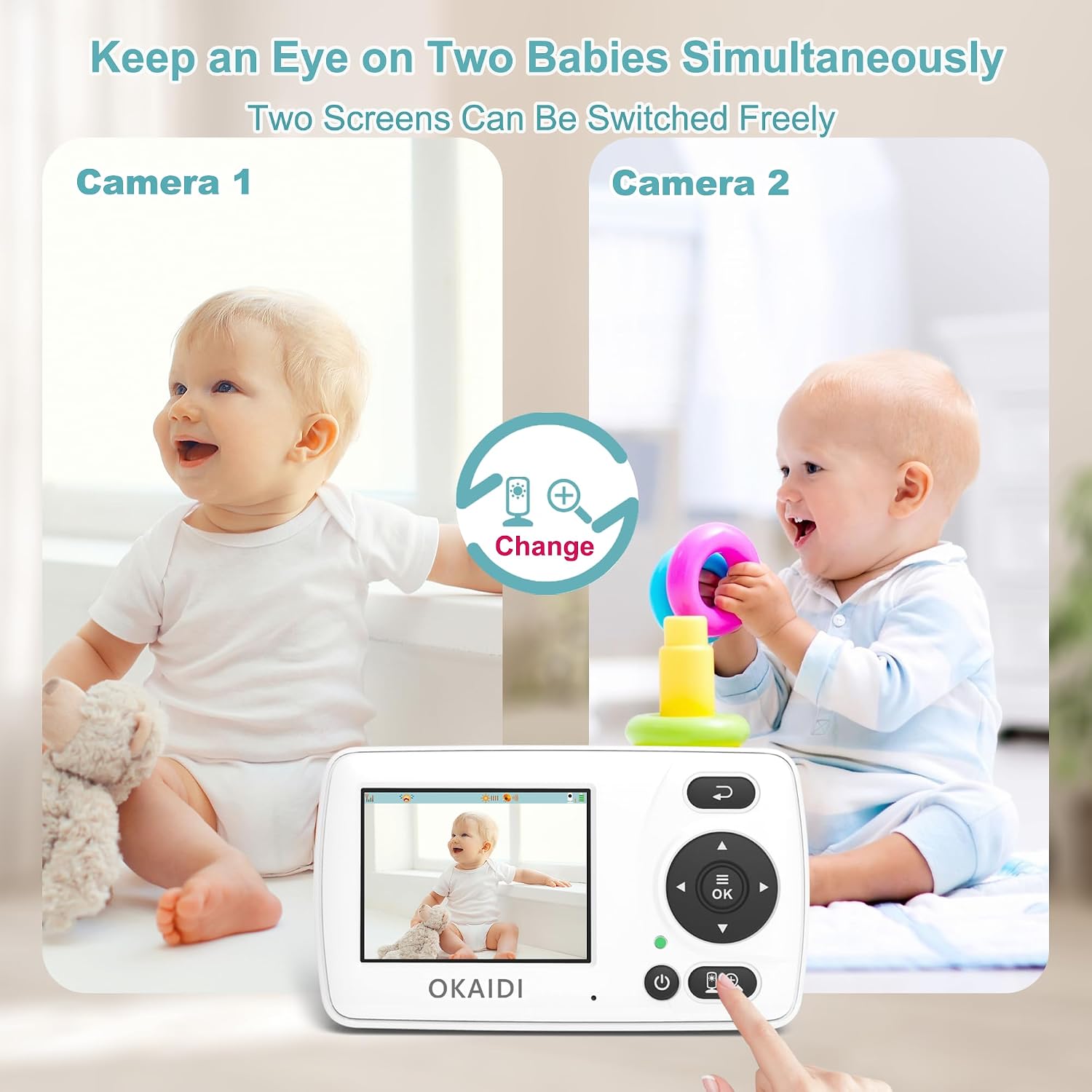 Detalle 2 de OKAIDI OD8021-2 Baby Monitor with Two Cameras, 2.4-Inch Screen and Night Vision