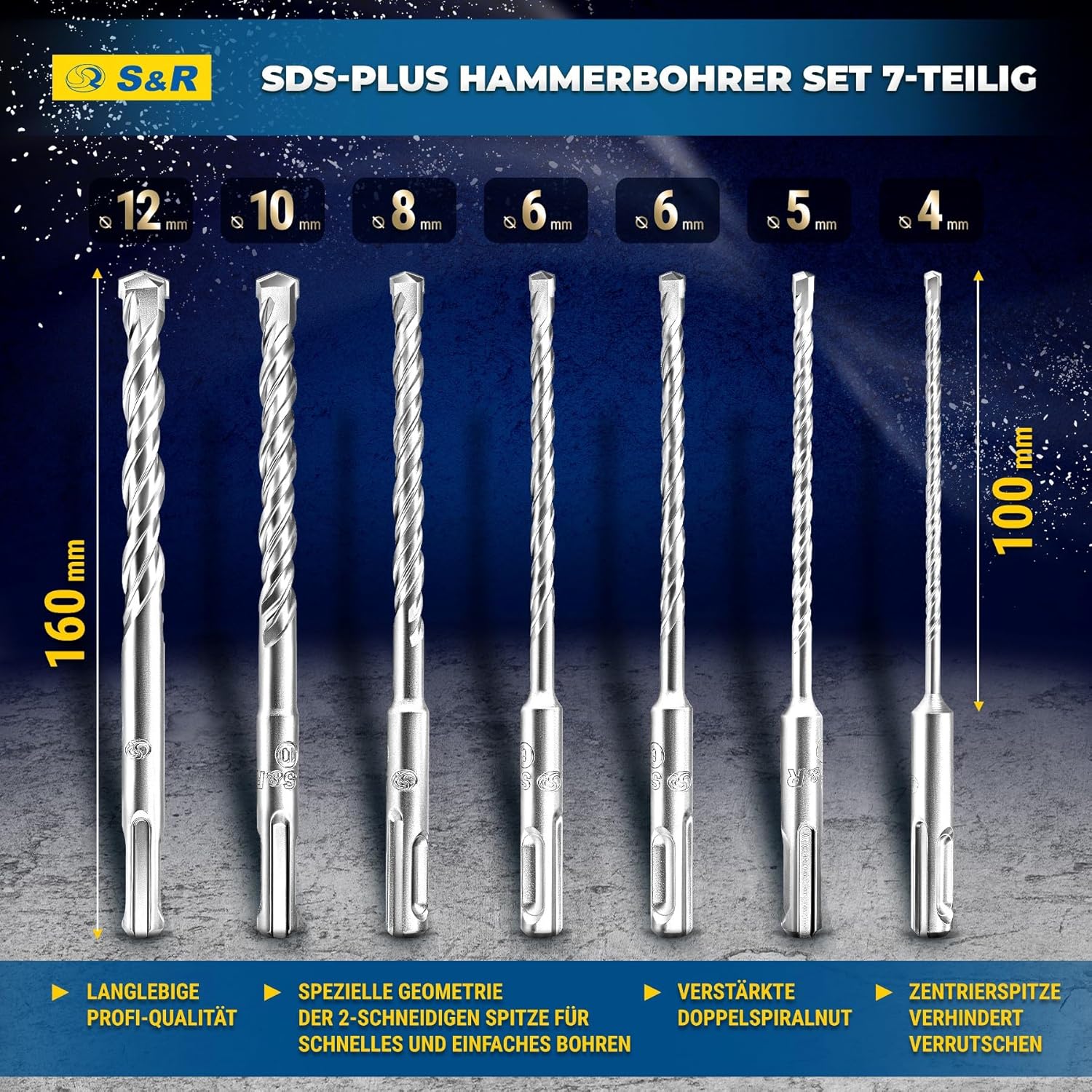 Thumbnail 1 de S&R Professional SDS Steinbohrer Set 7-tlg. (SDS plus) – Betonbohrer 4/5/6/8/10/12 mm für Stahlbeton, Stein & Mauerwerk