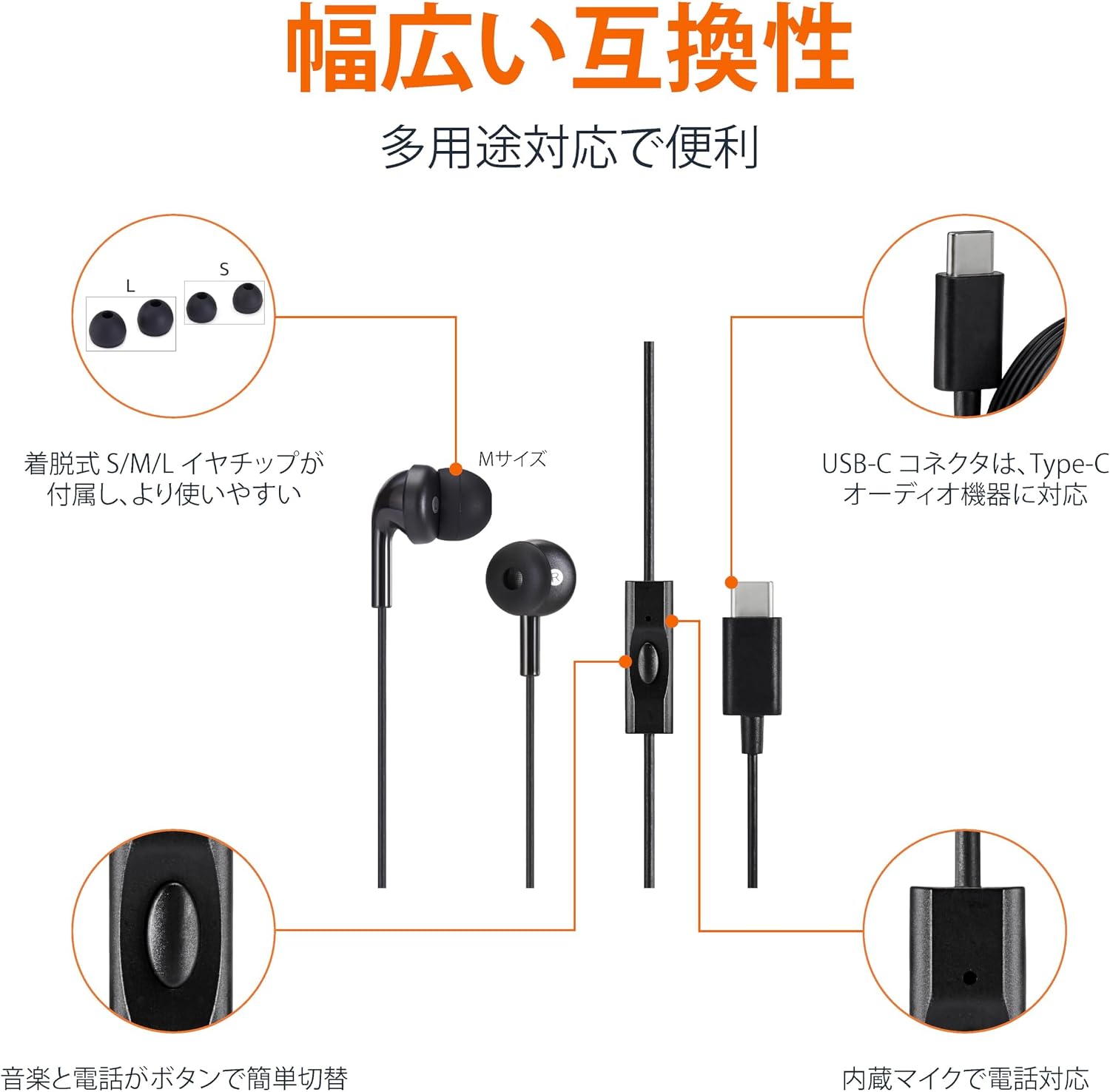 Detalle 2 de Amazonベーシック AMZ-E8090A-2 USB-C有線イヤホン マイク付き S/M/Lイヤーチップ・2個セット