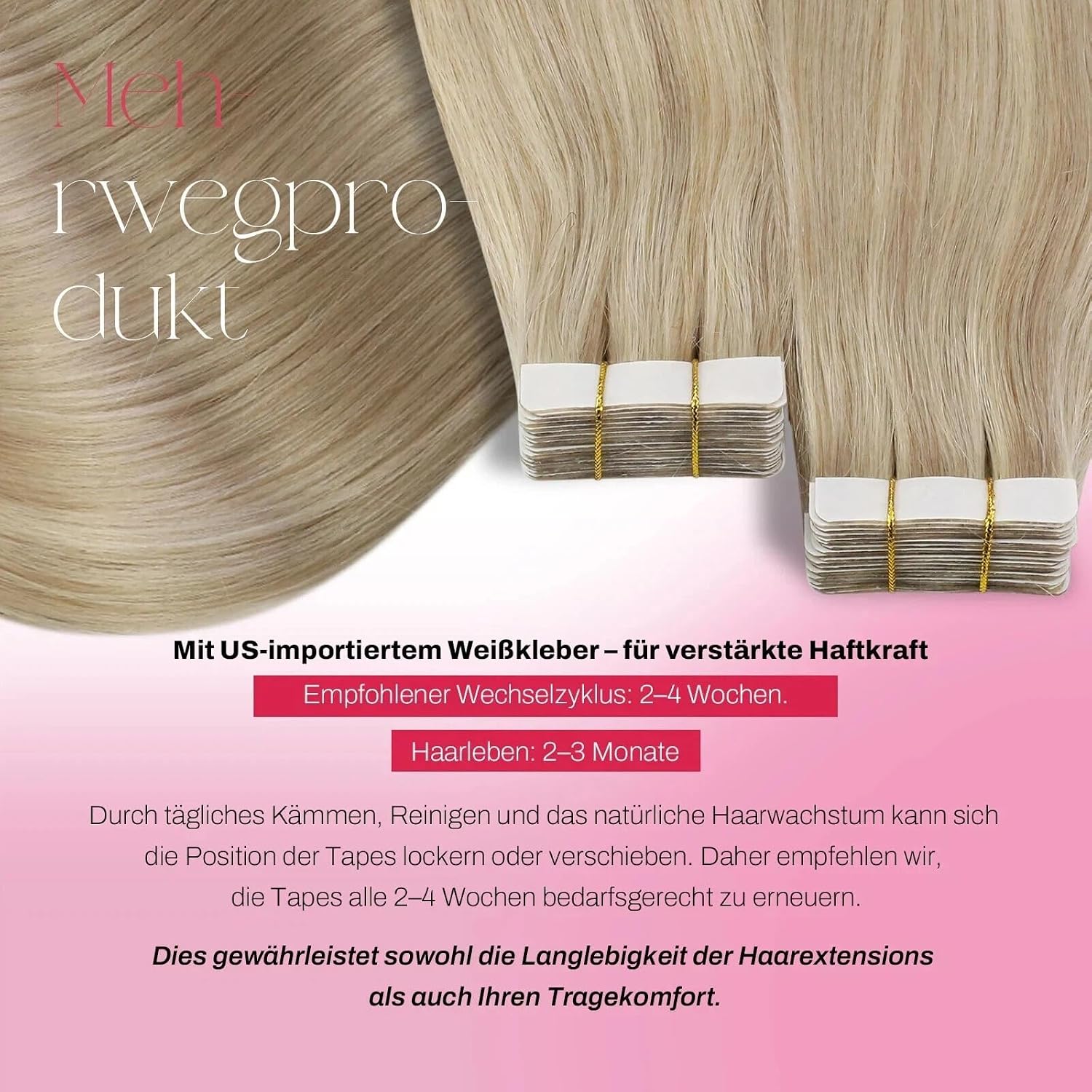 Detalle de Moresoo Tape Extensions Echthaar – 20 Stück Aschblond/Platinblond, 50 cm, 50 g, Glattes Haar