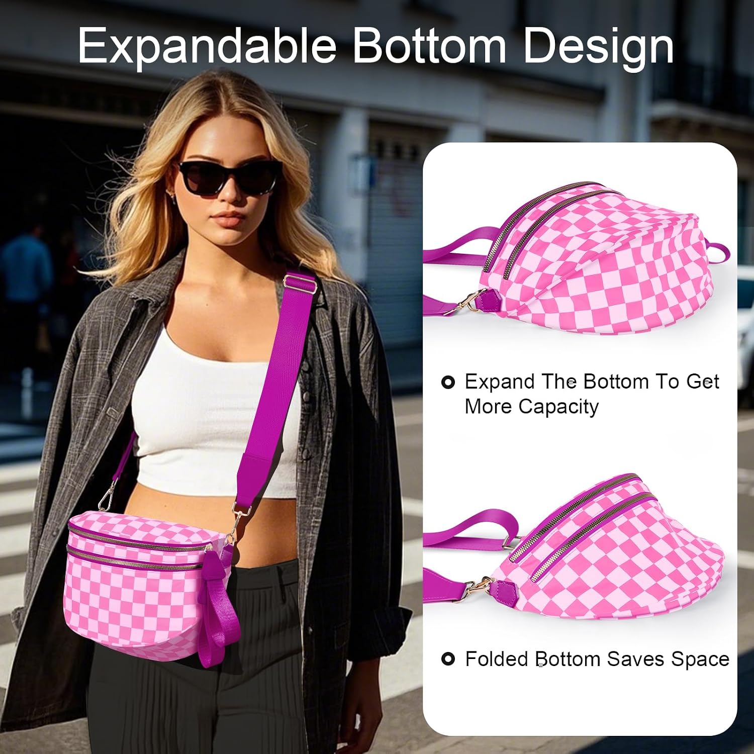 Detalle de Rose Checkered Bum Bag with Removable Wallets
