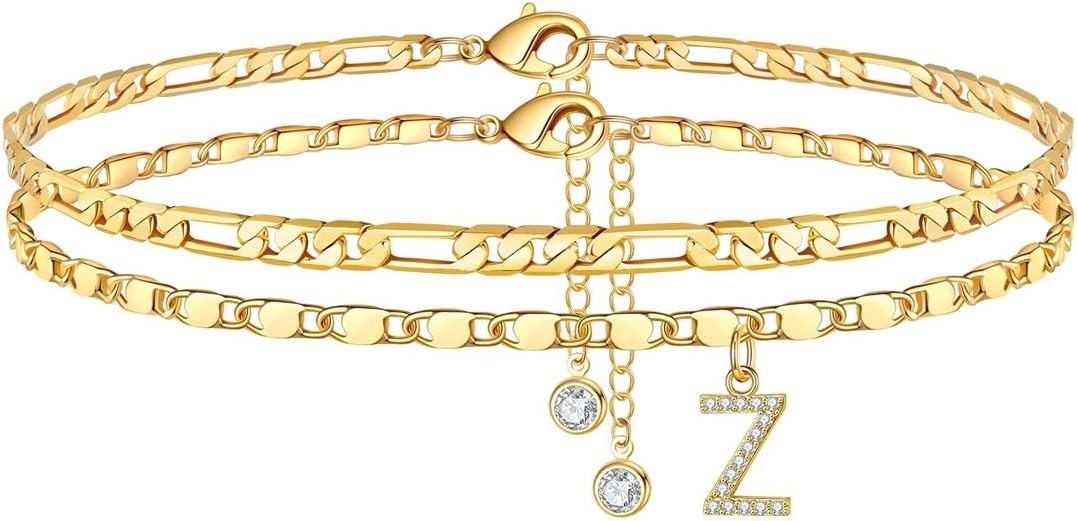 Detalle de TINGN Bracelet de cheville femme plaqué or 14 carats avec initiales et chaîne double, taille ajustable