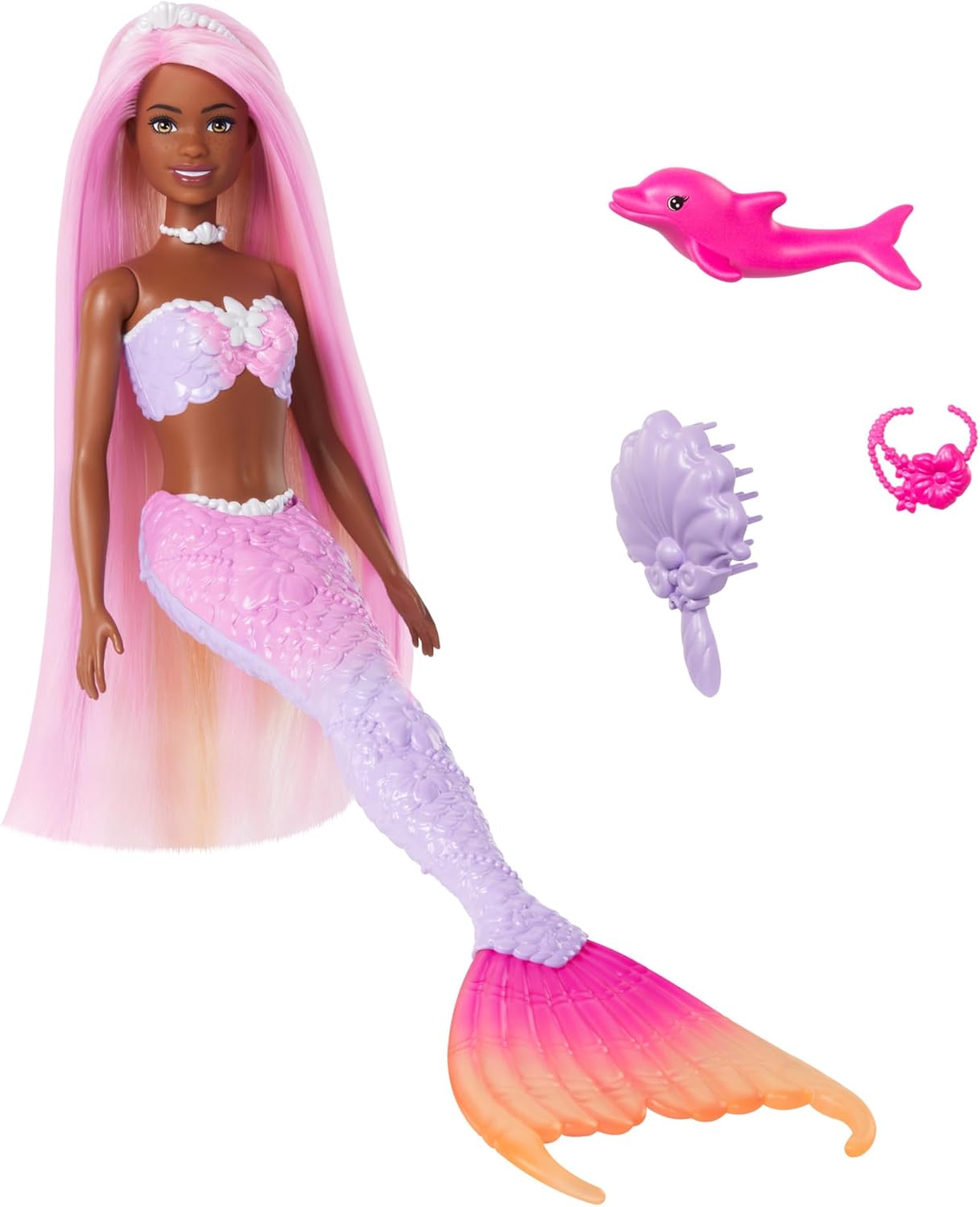 Thumbnail 6 de Barbie Malibu Sirena HRP97: bambola sirena con capelli rosa, cambia colore in acqua e delfino incluso