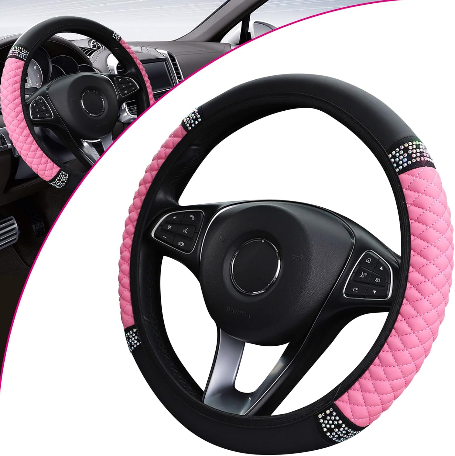 Thumbnail 6 de VidFair Steering Wheel Cover, Universal Size M (37–38 cm) in Pink with Bling Crystals