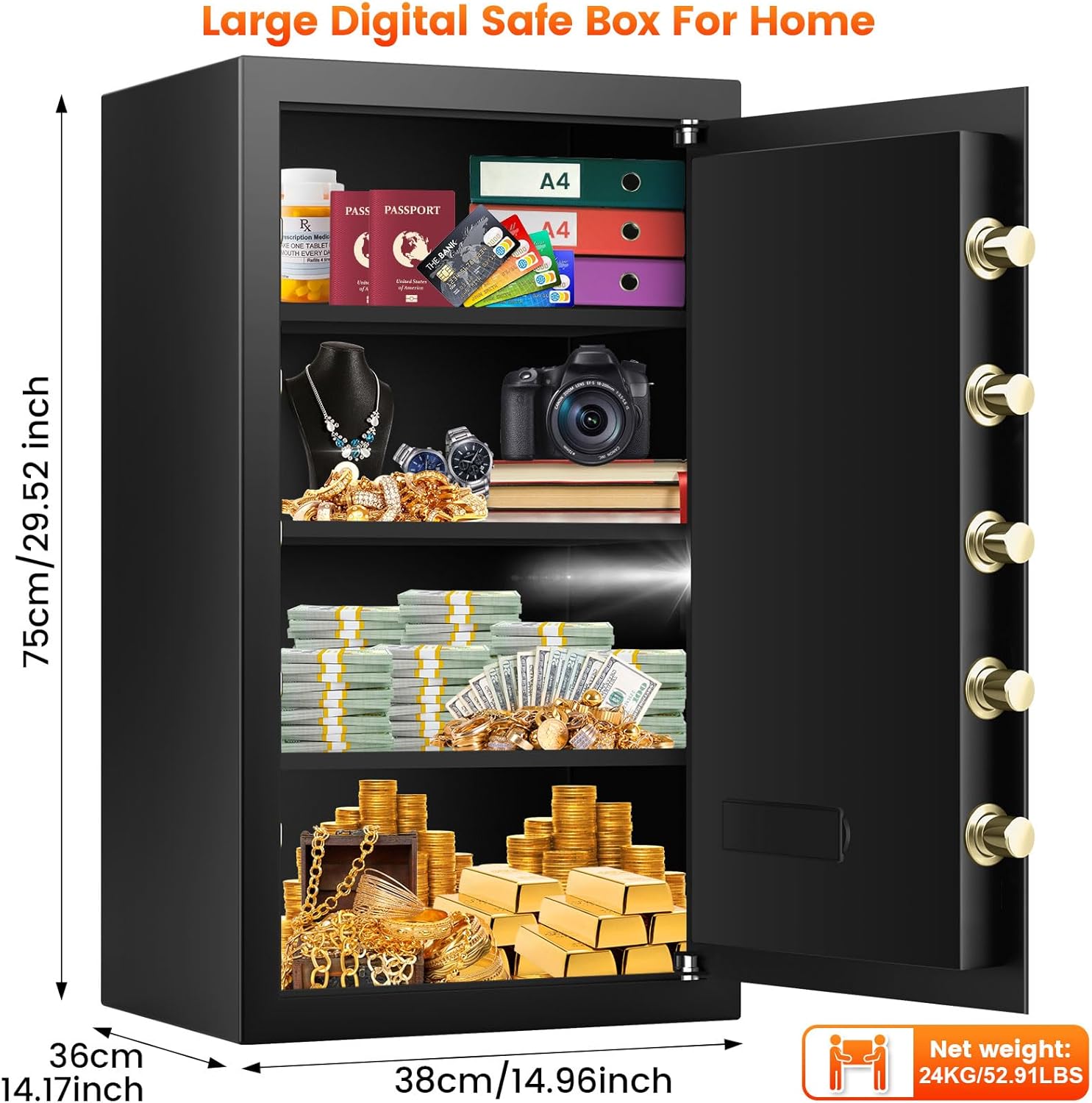 Detalle 2 de Mejasg Large Home Safe Box with A4 Document Bag and 3 Removable Shelves – 102L, Alarm, and Silent Mode