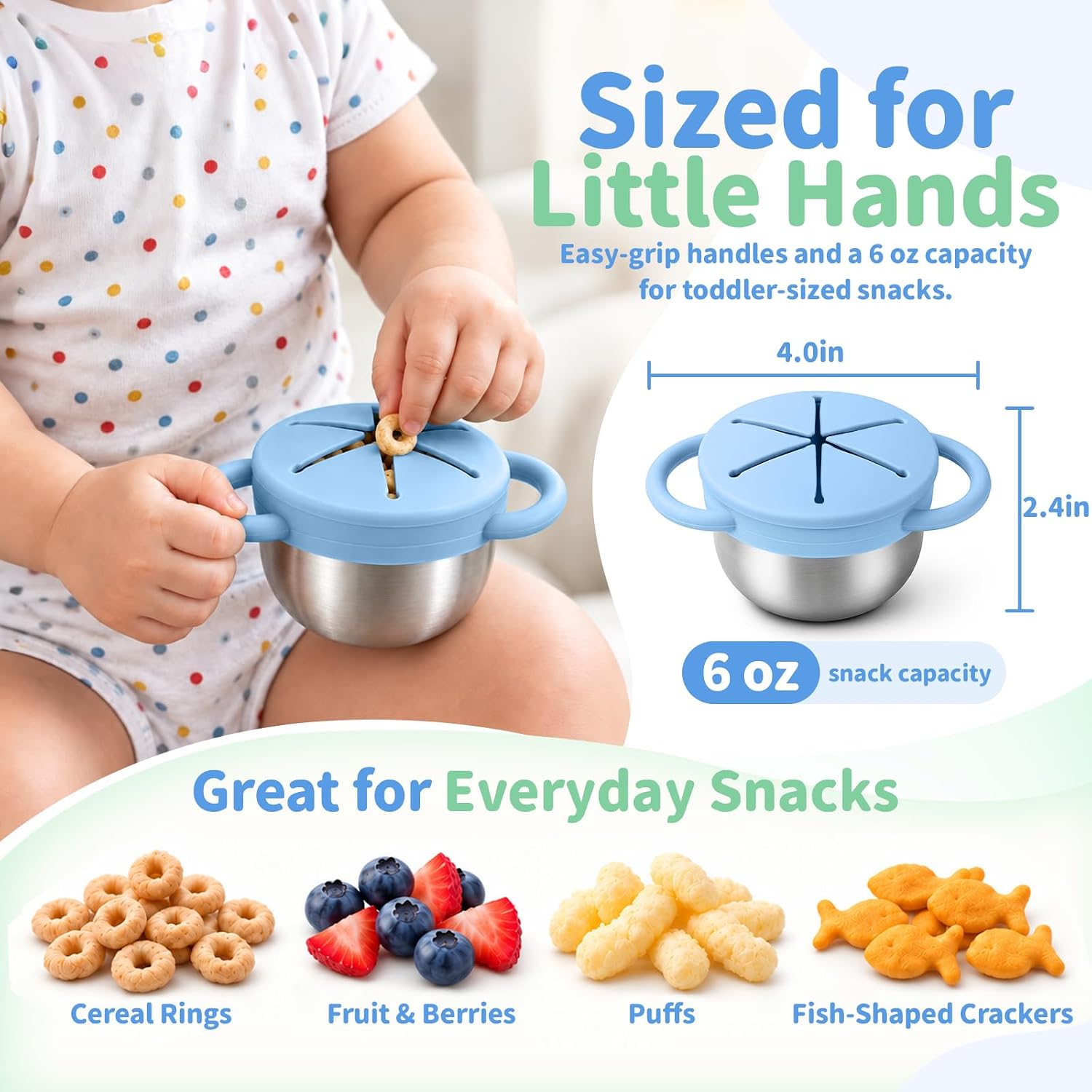 Detalle de Daximo 2-Pack Toddler Snack Cups, 6 oz Stainless Steel with Silicone Lids