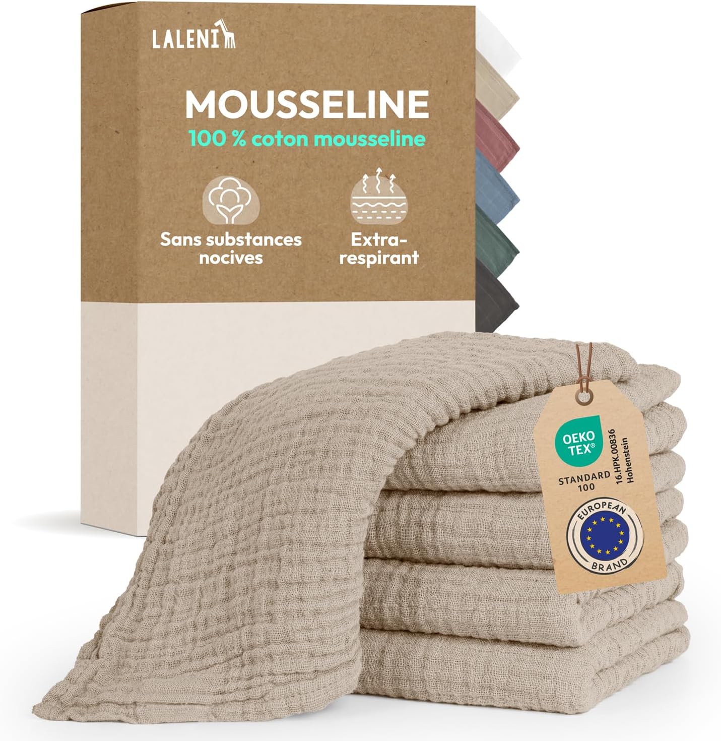 Laleni lot de 5 langes bébé en mousseline pur coton 70x70 cm – beige