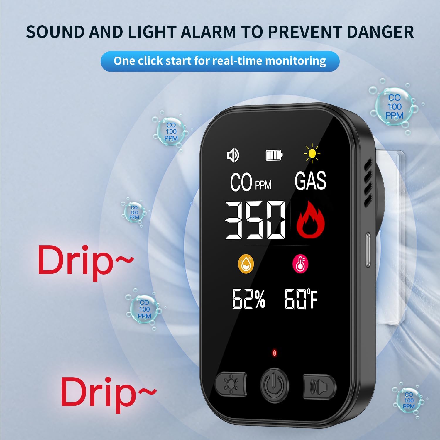 Detalle de Wolf Guard HD12 gas- en CO-melder met temperatuur- en vochtigheidsdisplay