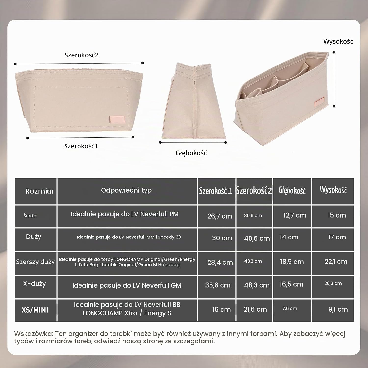 Detalle 2 de Doxo organizer do torebki, filcowy rozmiar M, z zamkiem i 8 przegrodami