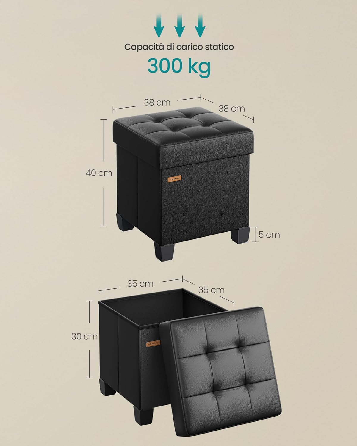Detalle de Pouf Contenitore SONGMICS Cassapanca con Gambe 38 x 38 x 40 cm, 37 L, Nero Inchiostro (LSF0512B02)