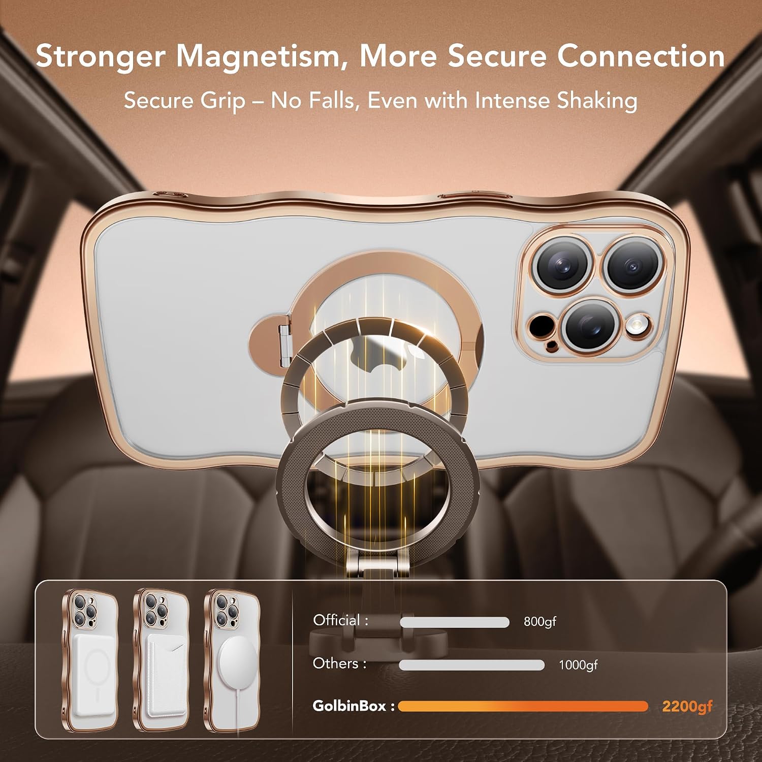 Detalle de GOLBINBOX for iPhone 15 Pro Case with 360° Magnetic Stand Ring (MagSafe, Military Protection) - Rose Gold/Clear
