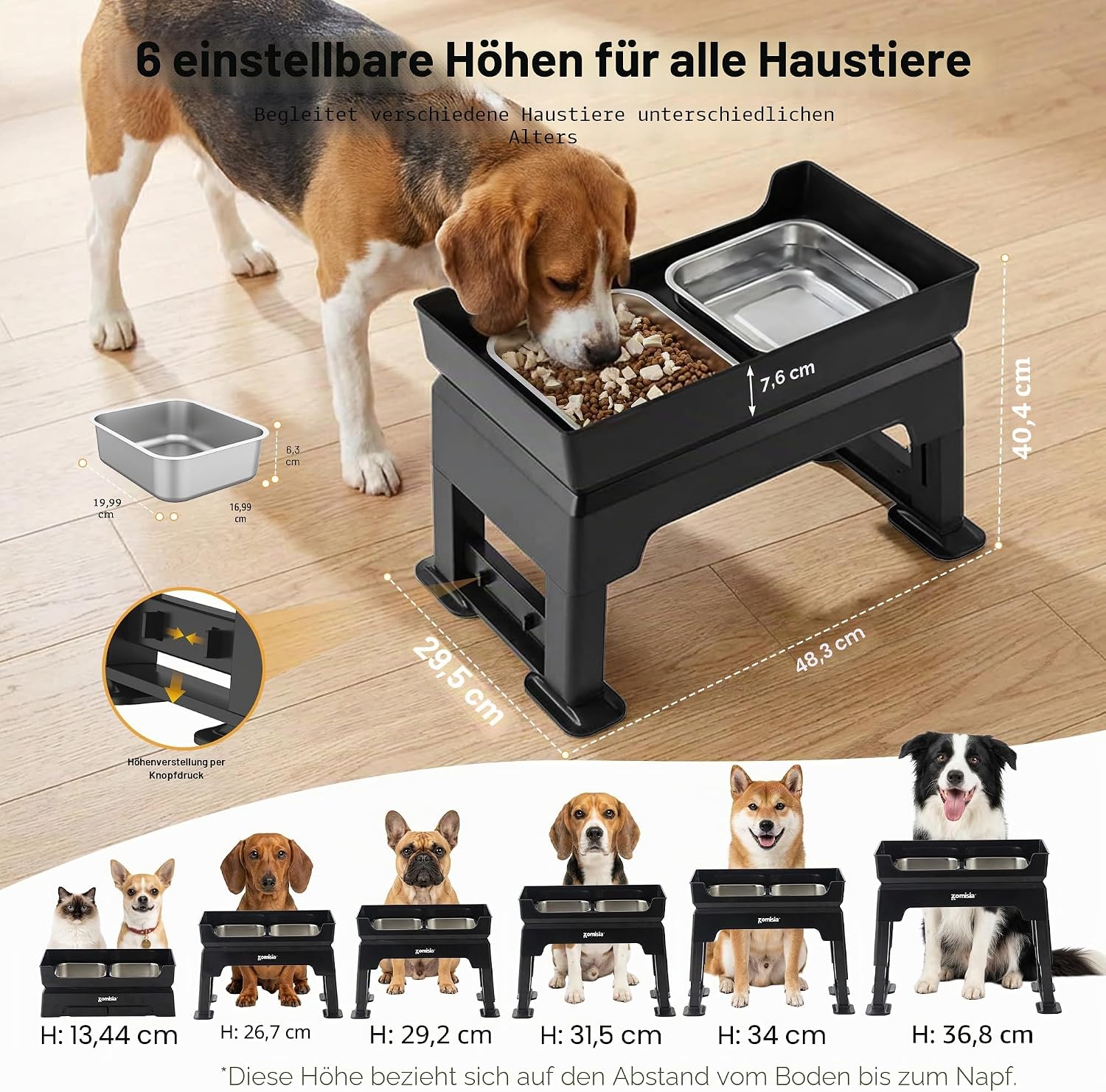 Detalle 2 de ZOMISIA Hundenapf erhöht 6-fach höhenverstellbar (3-in-1) mit Slow-Feeder und 2 Edelstahlschalen, 1,6 l