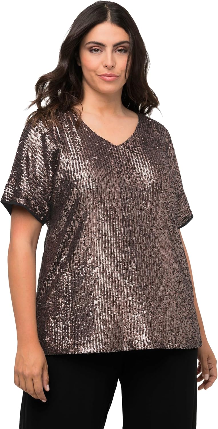 Detalle de Ulla Popken Pailletten-Shirt Oversized à V-Conclusion et Manches Rabattues pour Femme