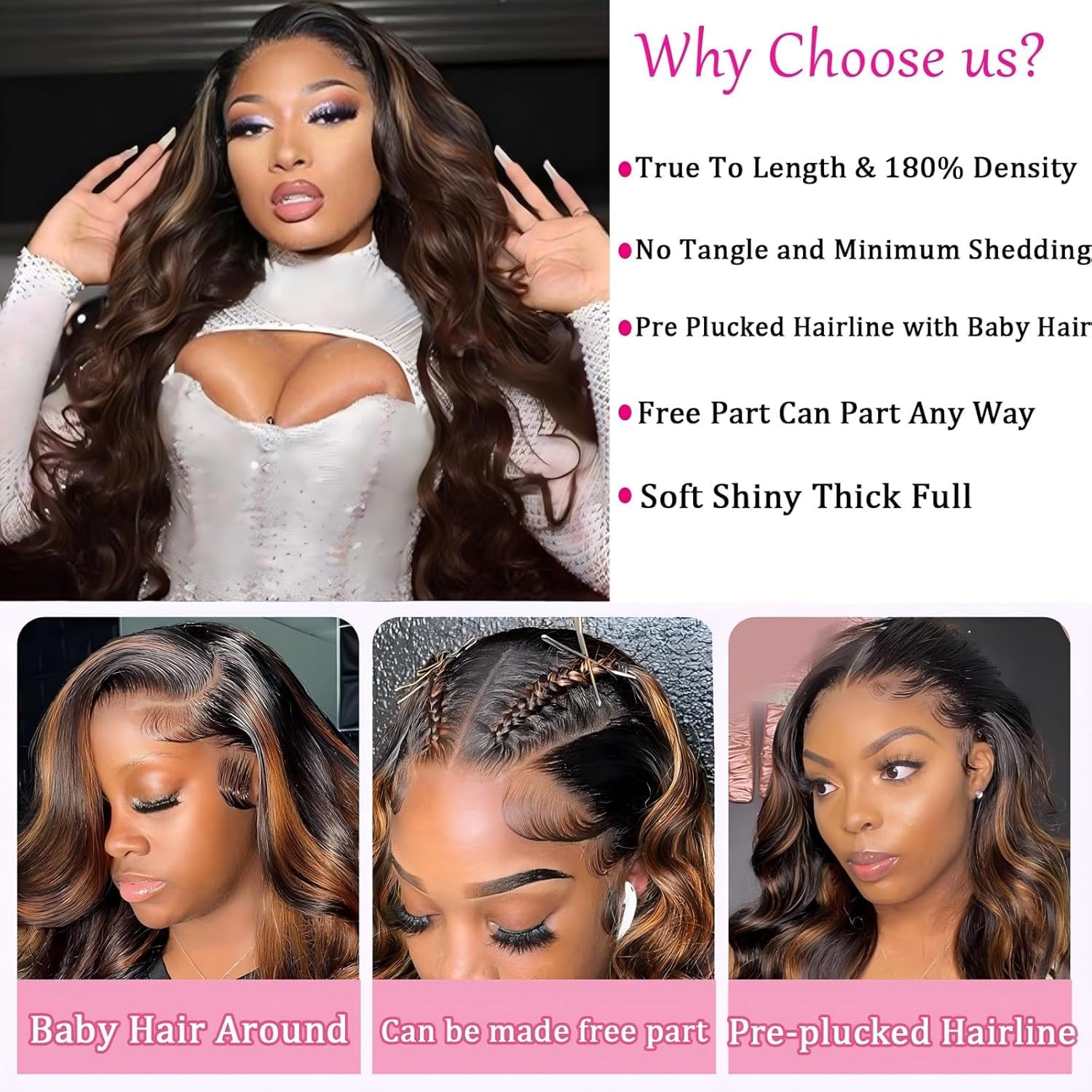 Detalle de QZOQZO Ombre Lace Front Wig Human Hair 1B/30 — 26 Inch Body Wave, 13x6 HD Lace, 180% Density